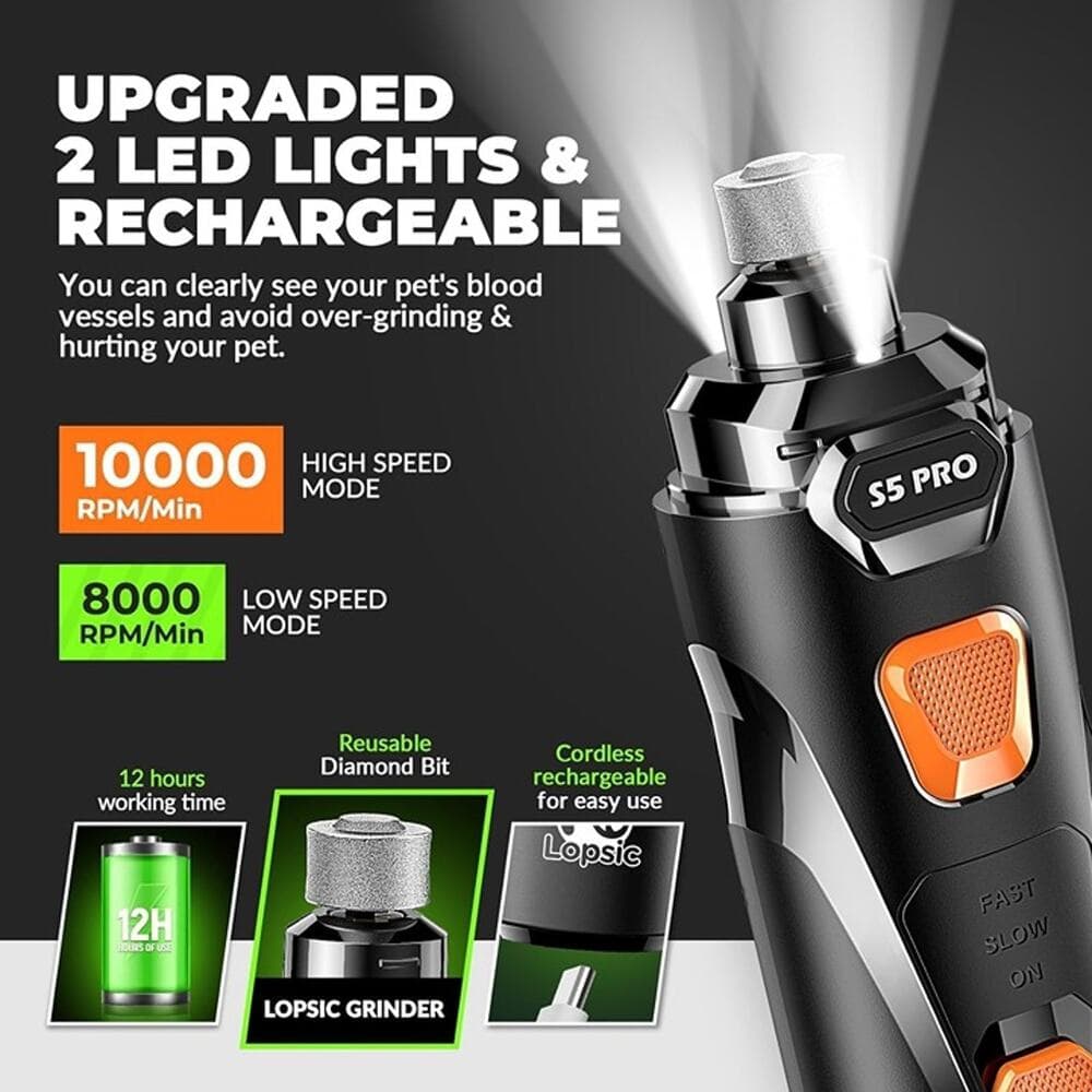 Dog Nail Grinder with 2 LED Lights Powerful 2 Speeds Super Quiet Dog Nail Trimme - Thumbnail 3
