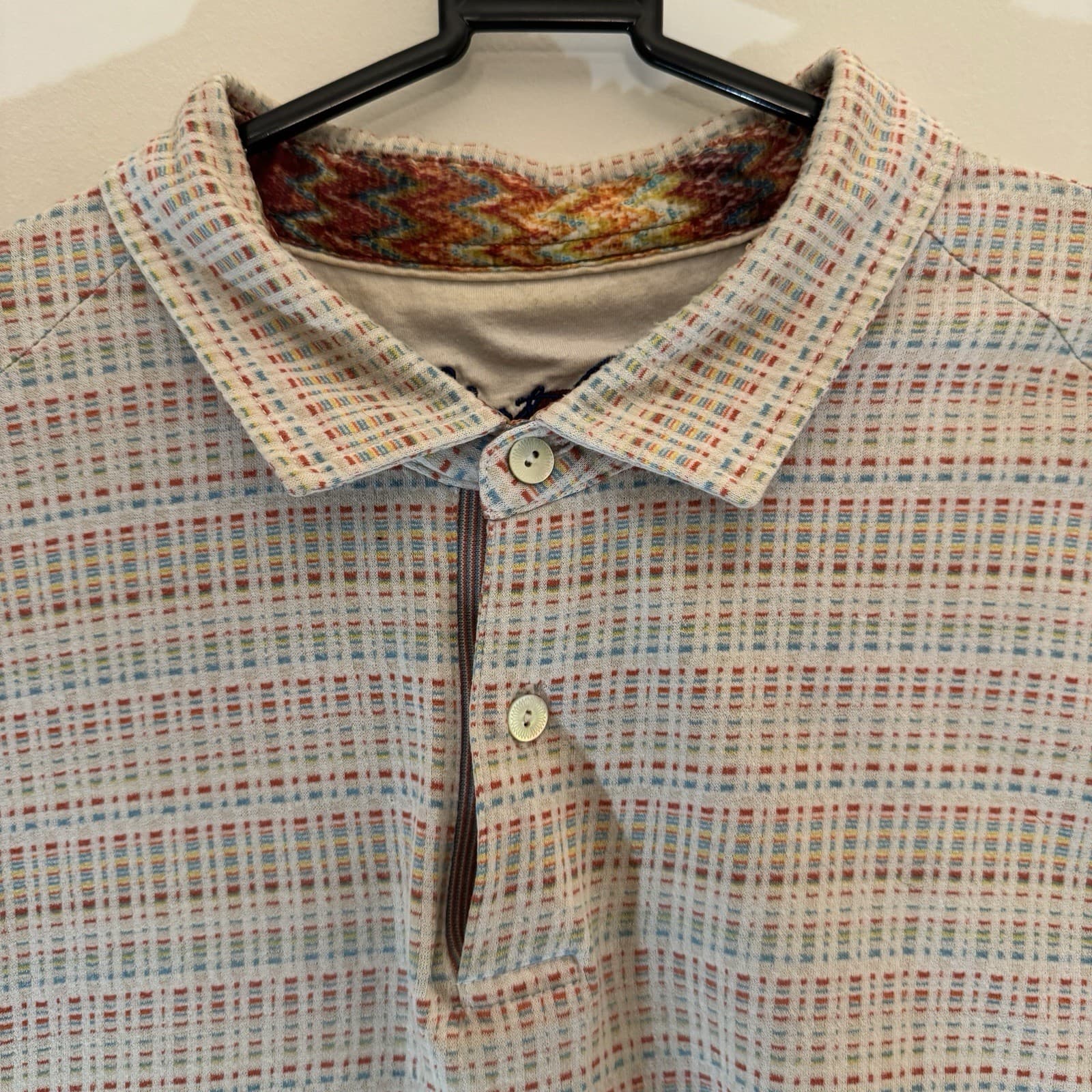Robert Graham Polo Shirt Woven Short Sleeve Geometric Golf Classic Beige Men L - Thumbnail 5