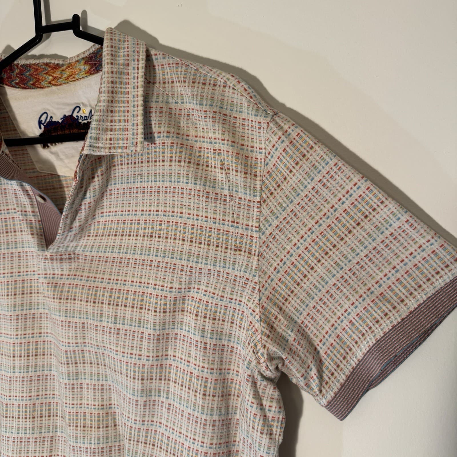 Robert Graham Polo Shirt Woven Short Sleeve Geometric Golf Classic Beige Men L - Thumbnail 8