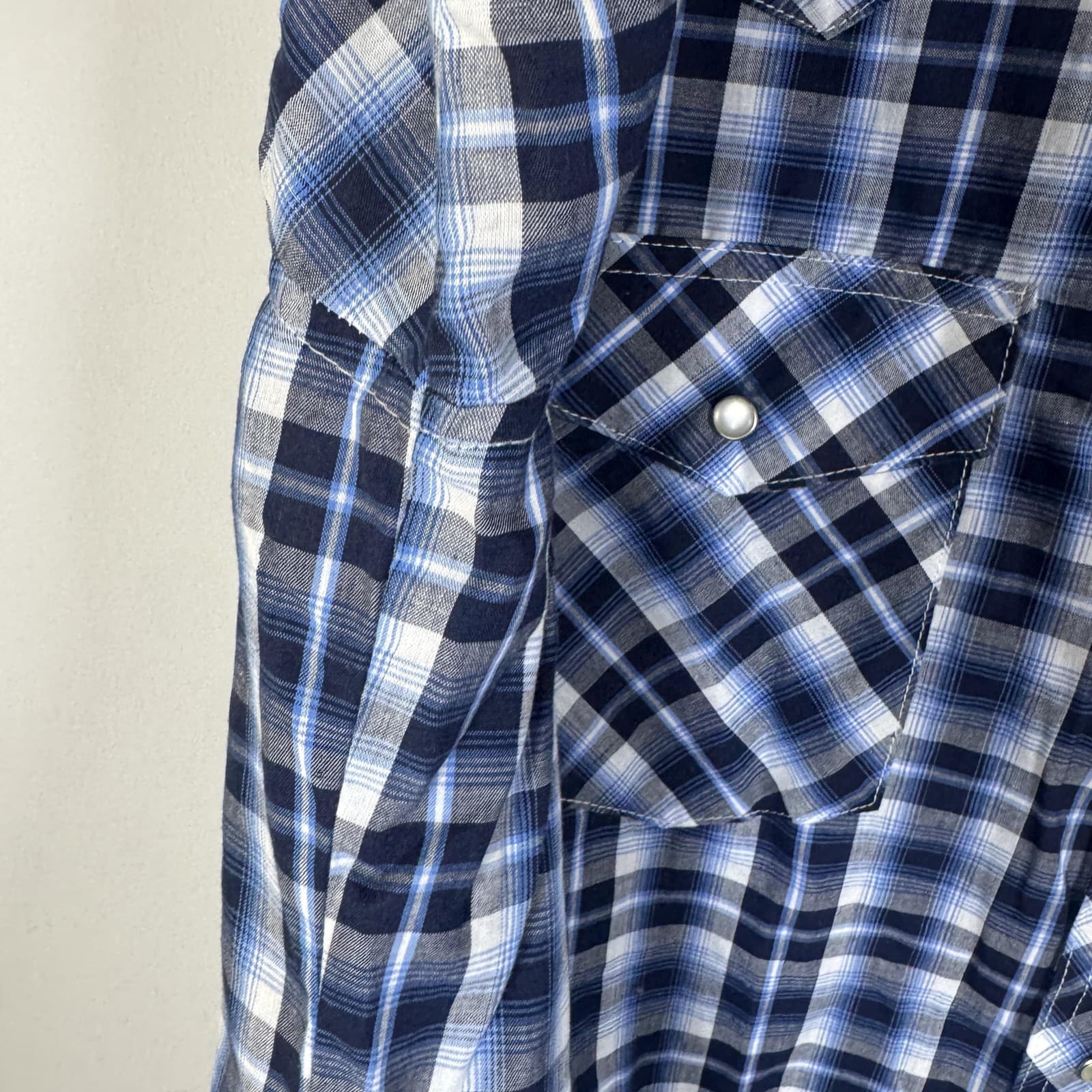 Wrangler Western Fashion Pearl Snap Plaid Shirt 2-Pocket Casual Blue Men's Large - Thumbnail 7