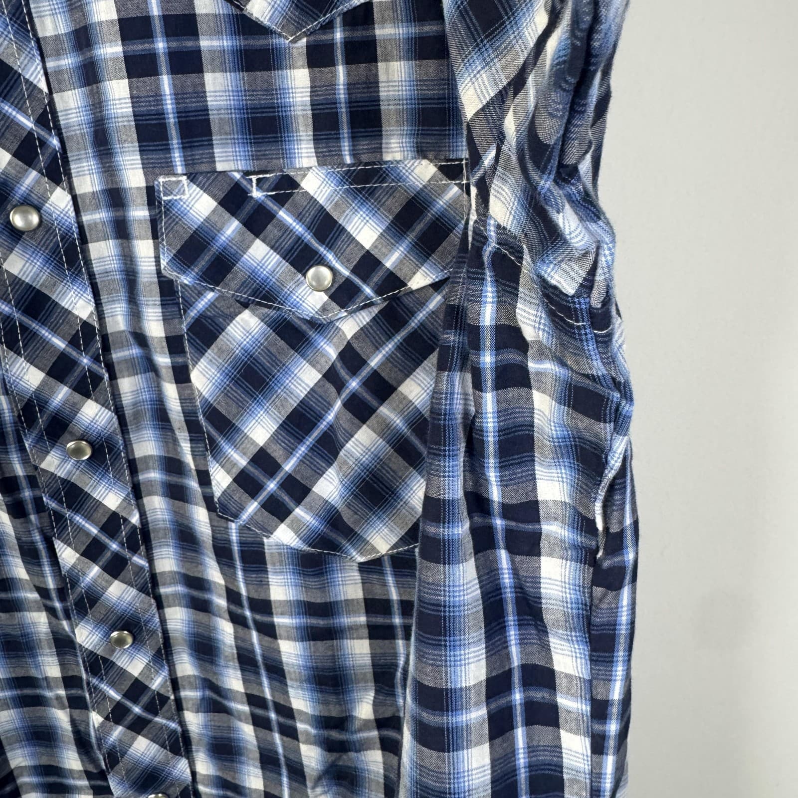 Wrangler Western Fashion Pearl Snap Plaid Shirt 2-Pocket Casual Blue Men's Large - Thumbnail 8
