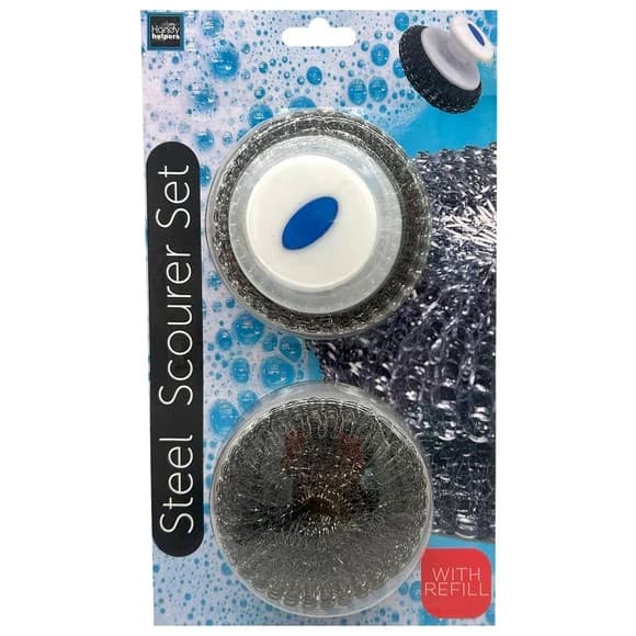 Handy Helpers Steel Scourer Set, Stainless Steel, with Handle and Refill, 3 PCS