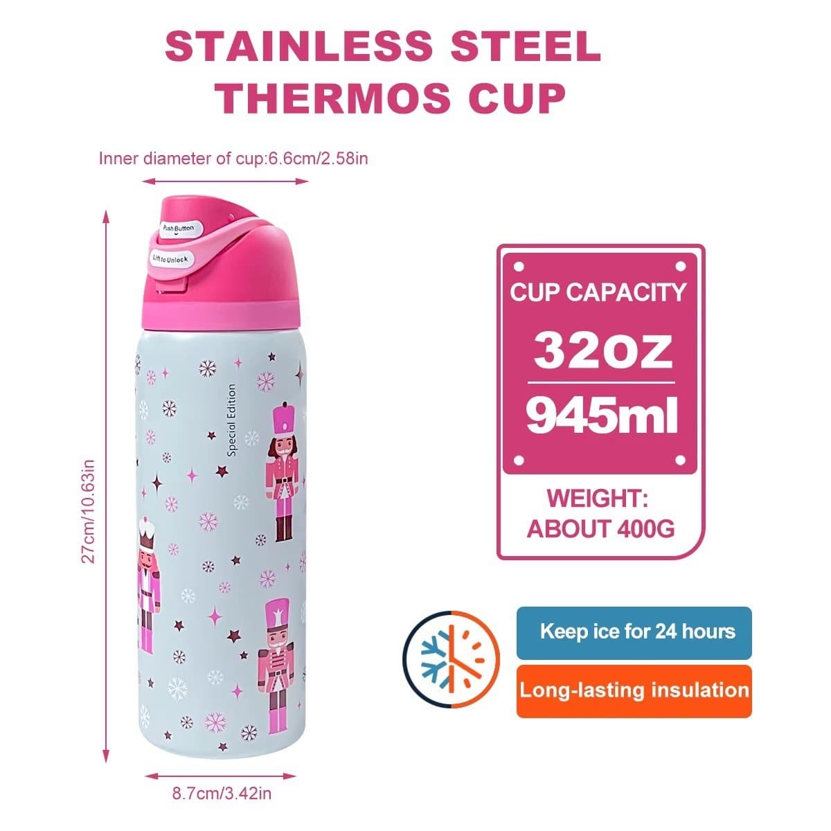 owala pink Bottle, 32 oz, 945 ml, retains heat for over 24 h. - Thumbnail 3