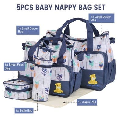 5Pcs Baby Nappy Diaper Bags Set Mummy Diaper Handbags With Diaper Pad Food Bag B - Thumbnail 2