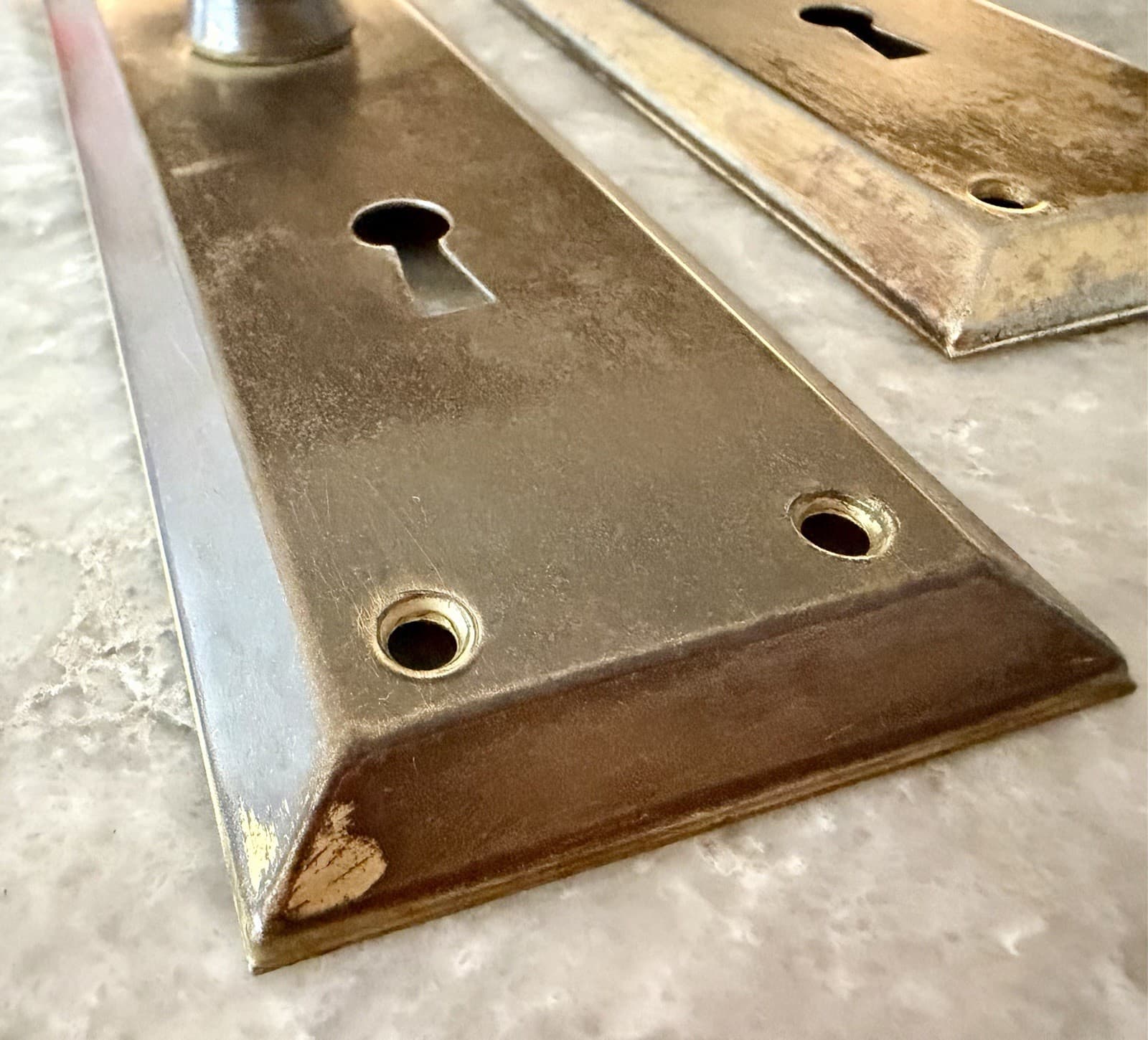 Vintage Brass Door Knob Set , 2 Stamped Steel Back Plates/ Keyhole. - Thumbnail 7
