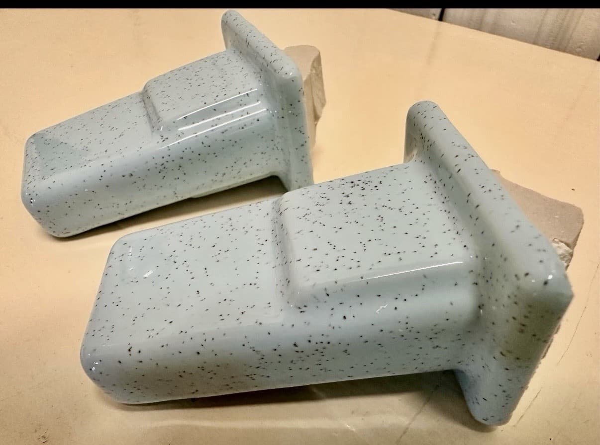 Vintage Blue Speckled Ceramic Towel Bar Brackets Pair Bathroom Salvage - Thumbnail 4