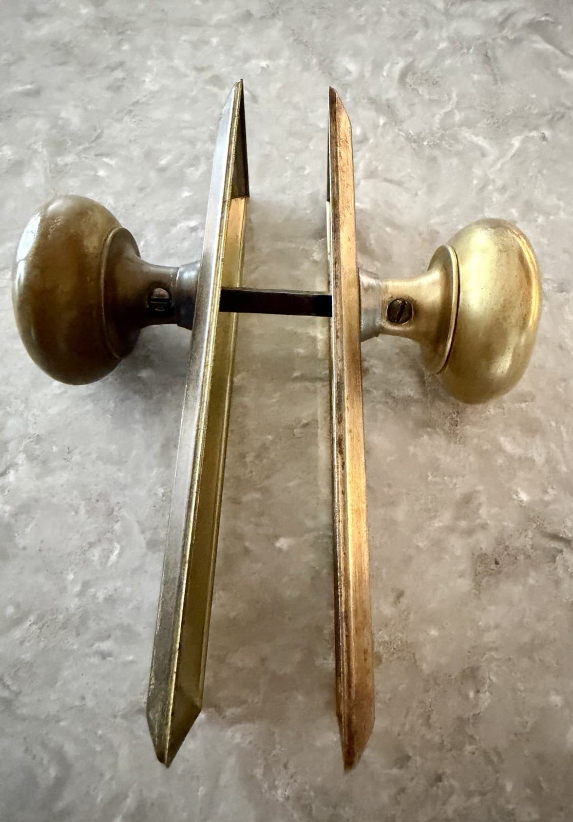 Vintage Brass Door Knob Set , 2 Stamped Steel Back Plates/ Keyhole. - Thumbnail 12