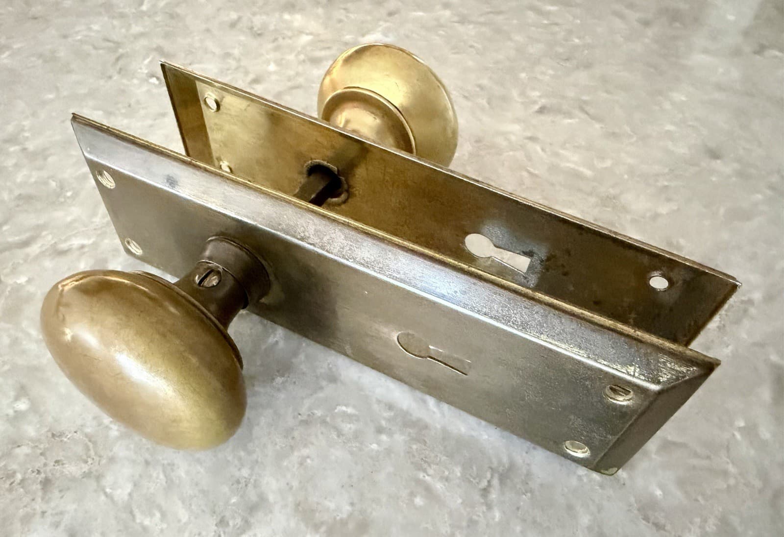 Vintage Brass Door Knob Set , 2 Stamped Steel Back Plates/ Keyhole. - Thumbnail 14
