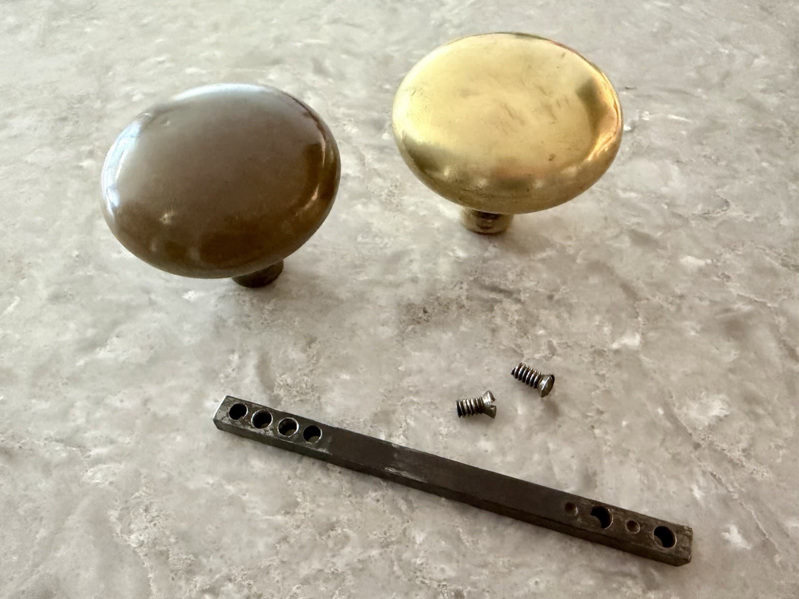 Vintage Brass Door Knob Set , 2 Stamped Steel Back Plates/ Keyhole. - Thumbnail 2