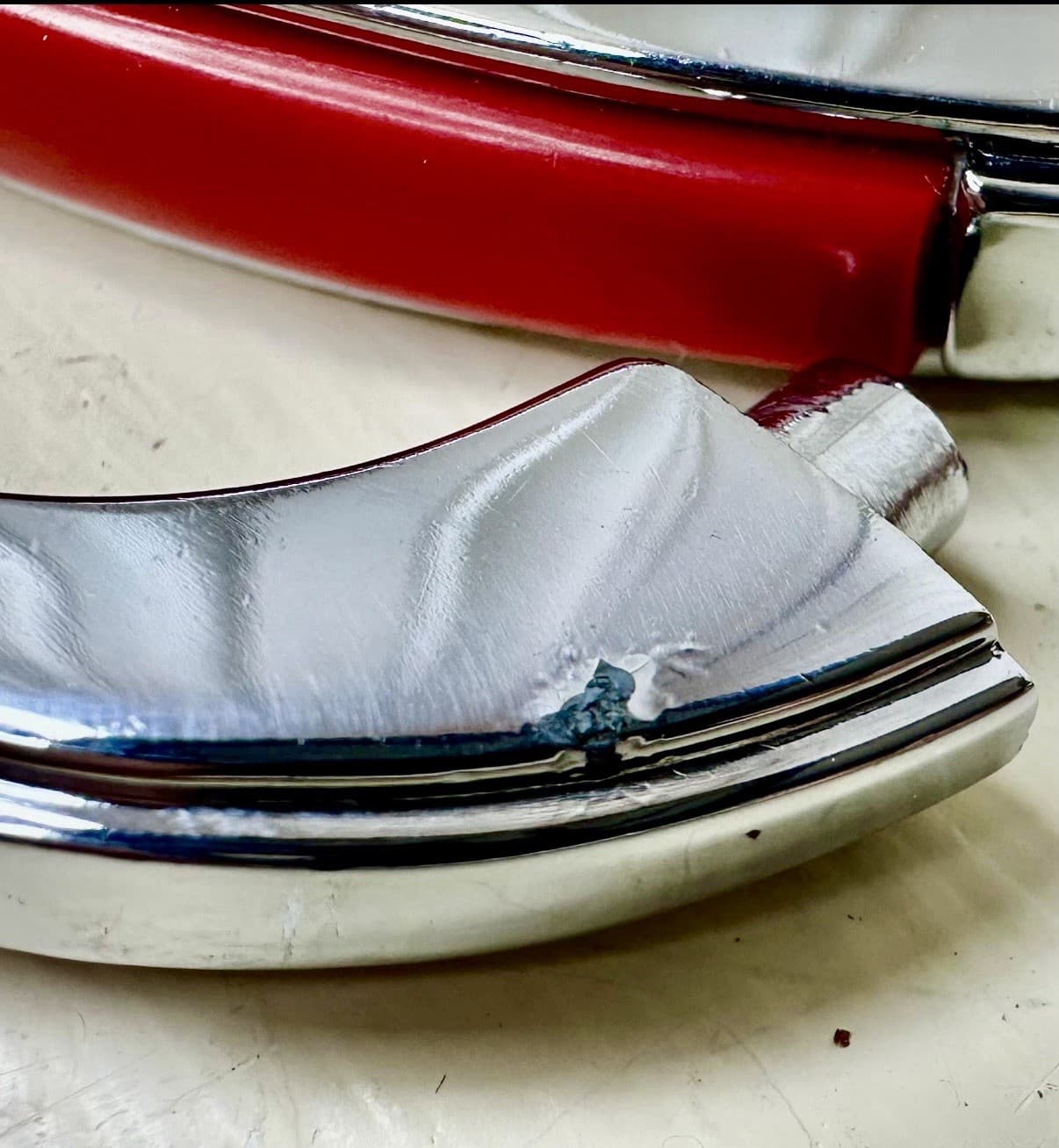 Set of 3 Vintage 1950’s Stanley Arch Cabinet Pulls – Chrome w/ Red Inserts - Thumbnail 4