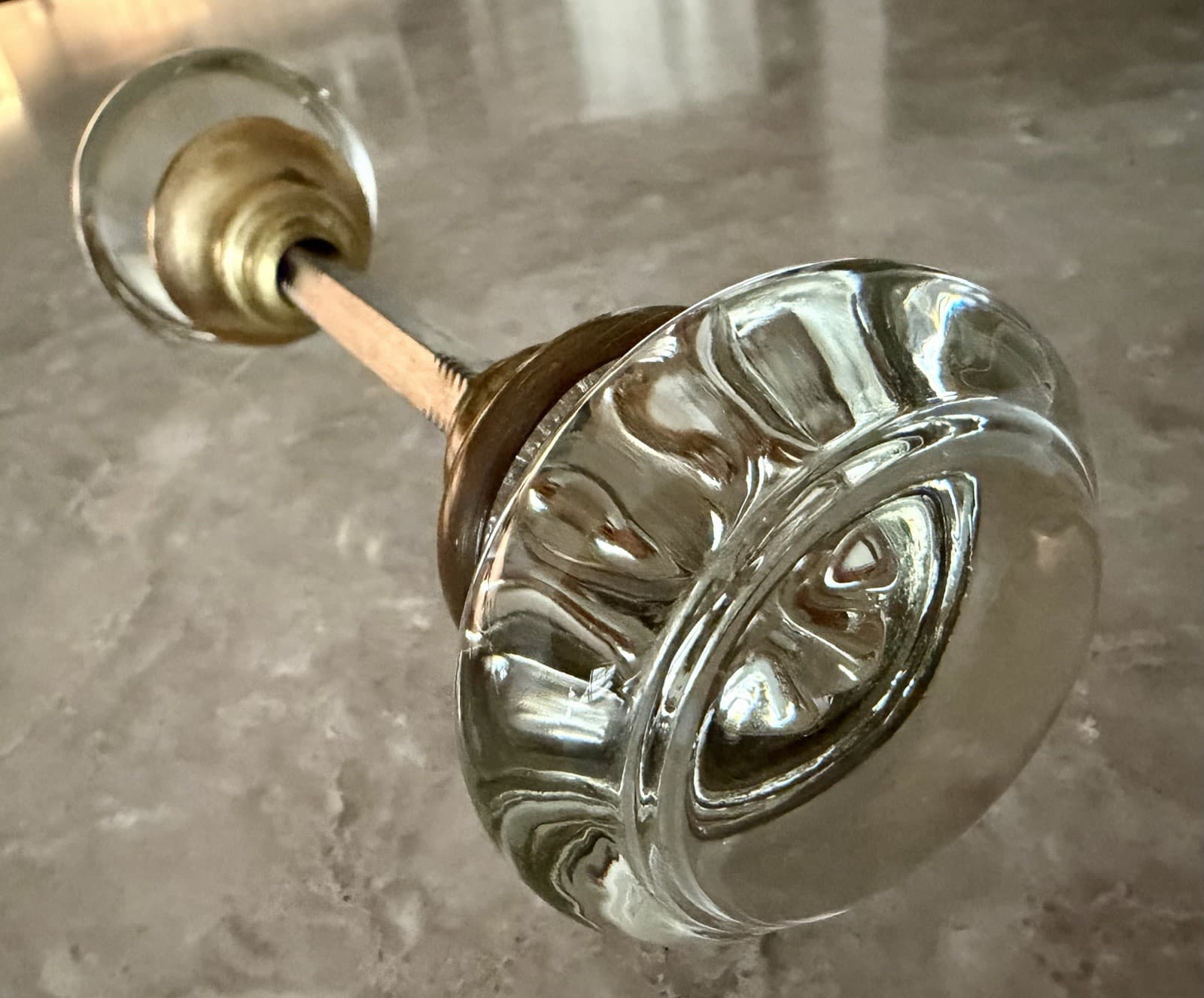 Antique Pressed Glass Door Knob Set Sunburst Pattern Brass Collars & Spindle - Thumbnail 7