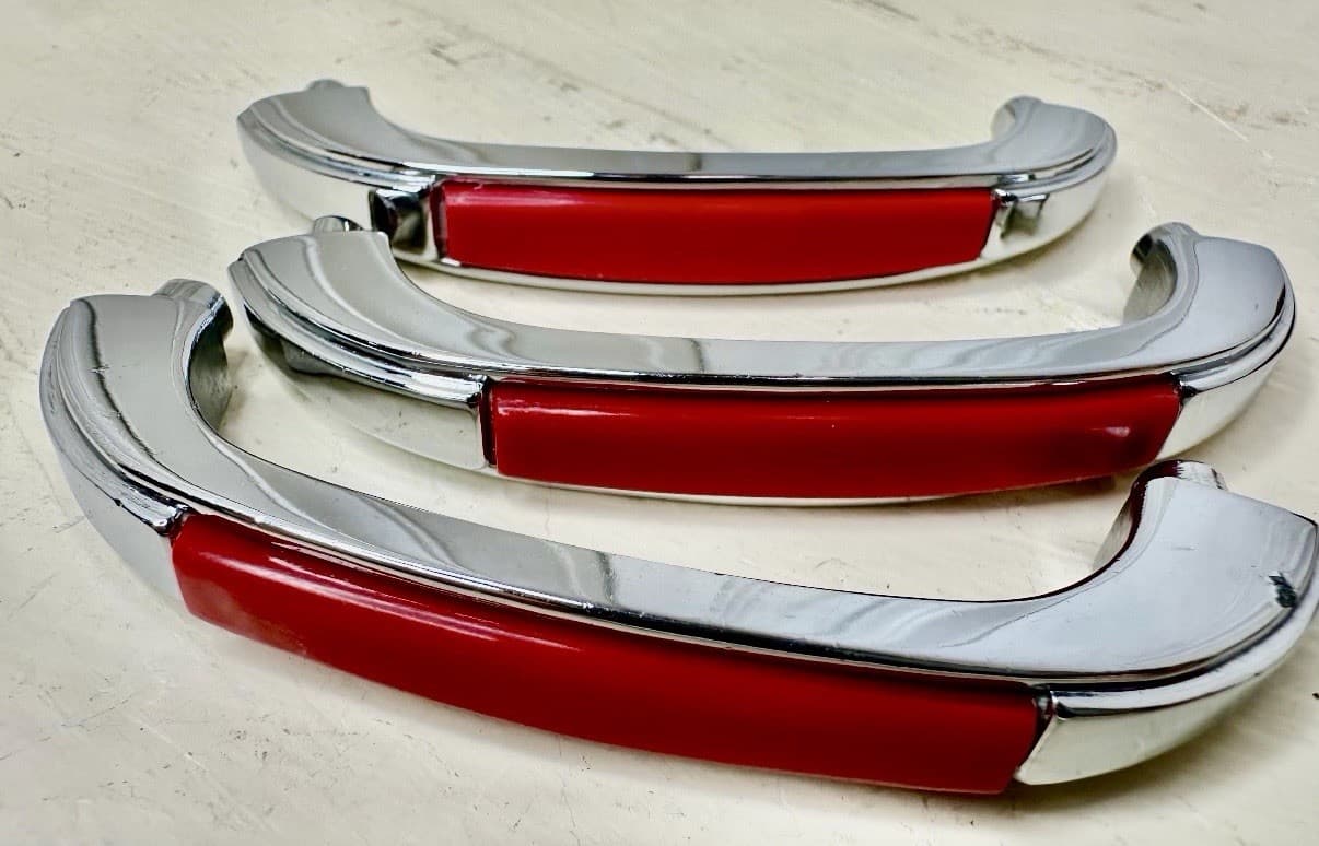 Set of 3 Vintage 1950’s Stanley Arch Cabinet Pulls – Chrome w/ Red Inserts - Thumbnail 2