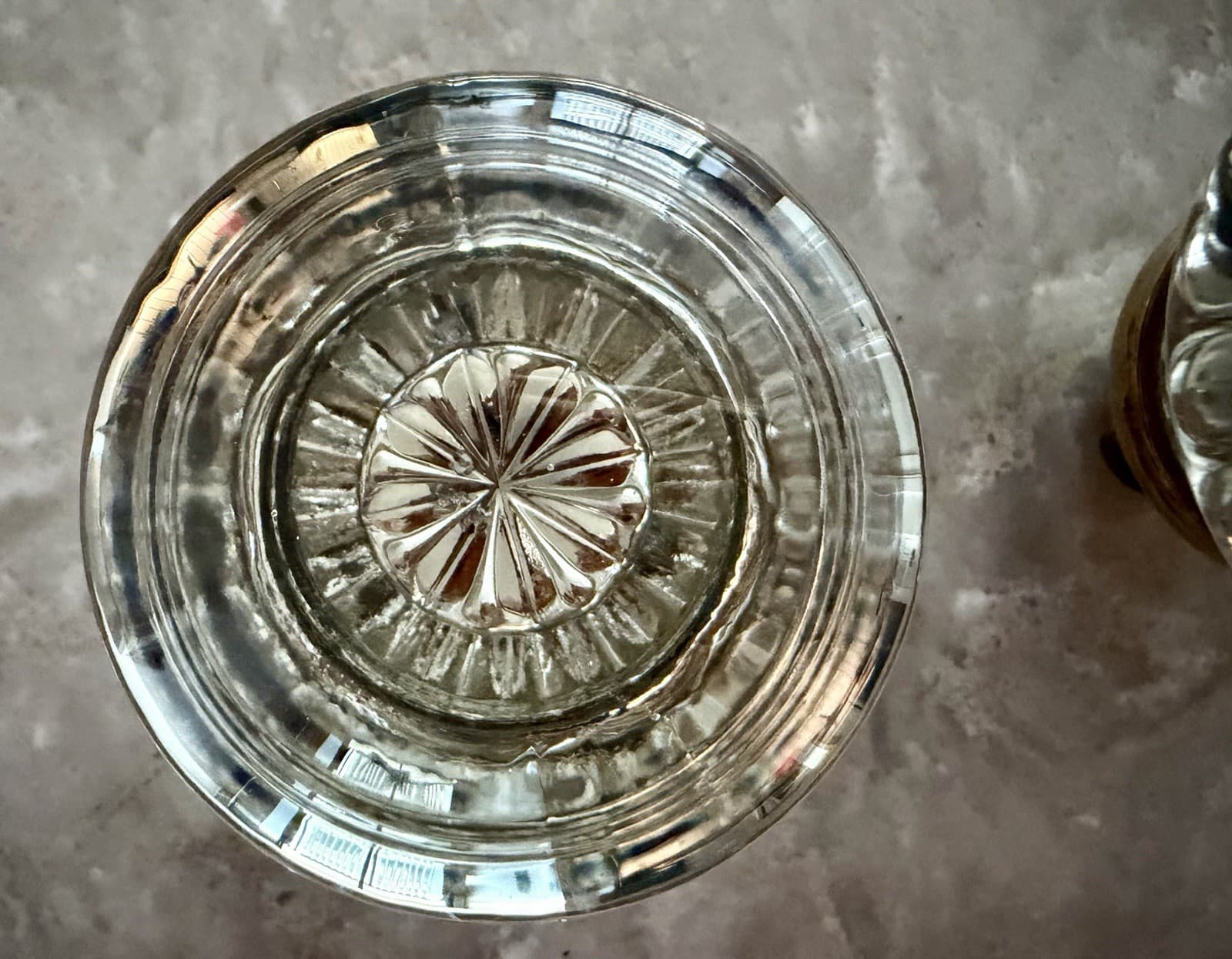 Antique Pressed Glass Door Knob Set Sunburst Pattern Brass Collars & Spindle - Thumbnail 2