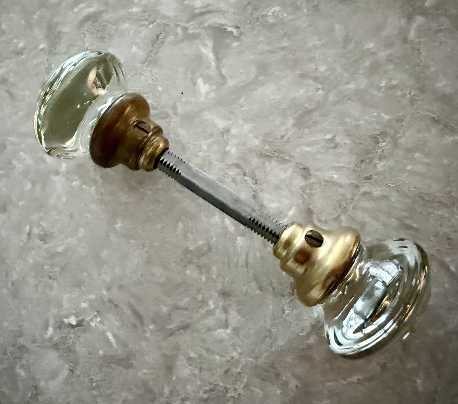 Antique Pressed Glass Door Knob Set Sunburst Pattern Brass Collars & Spindle - Thumbnail 5