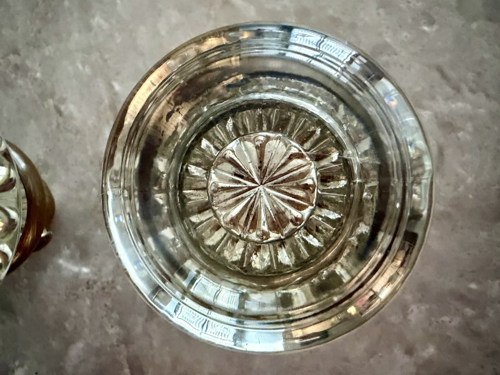 Antique Pressed Glass Door Knob Set Sunburst Pattern Brass Collars & Spindle - Thumbnail 3
