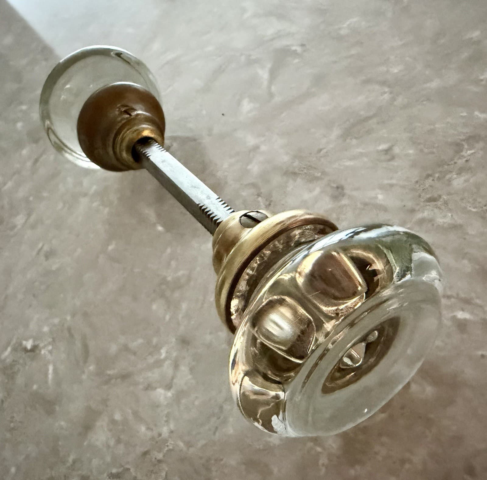 Antique Pressed Glass Door Knob Set Sunburst Pattern Brass Collars & Spindle - Thumbnail 6