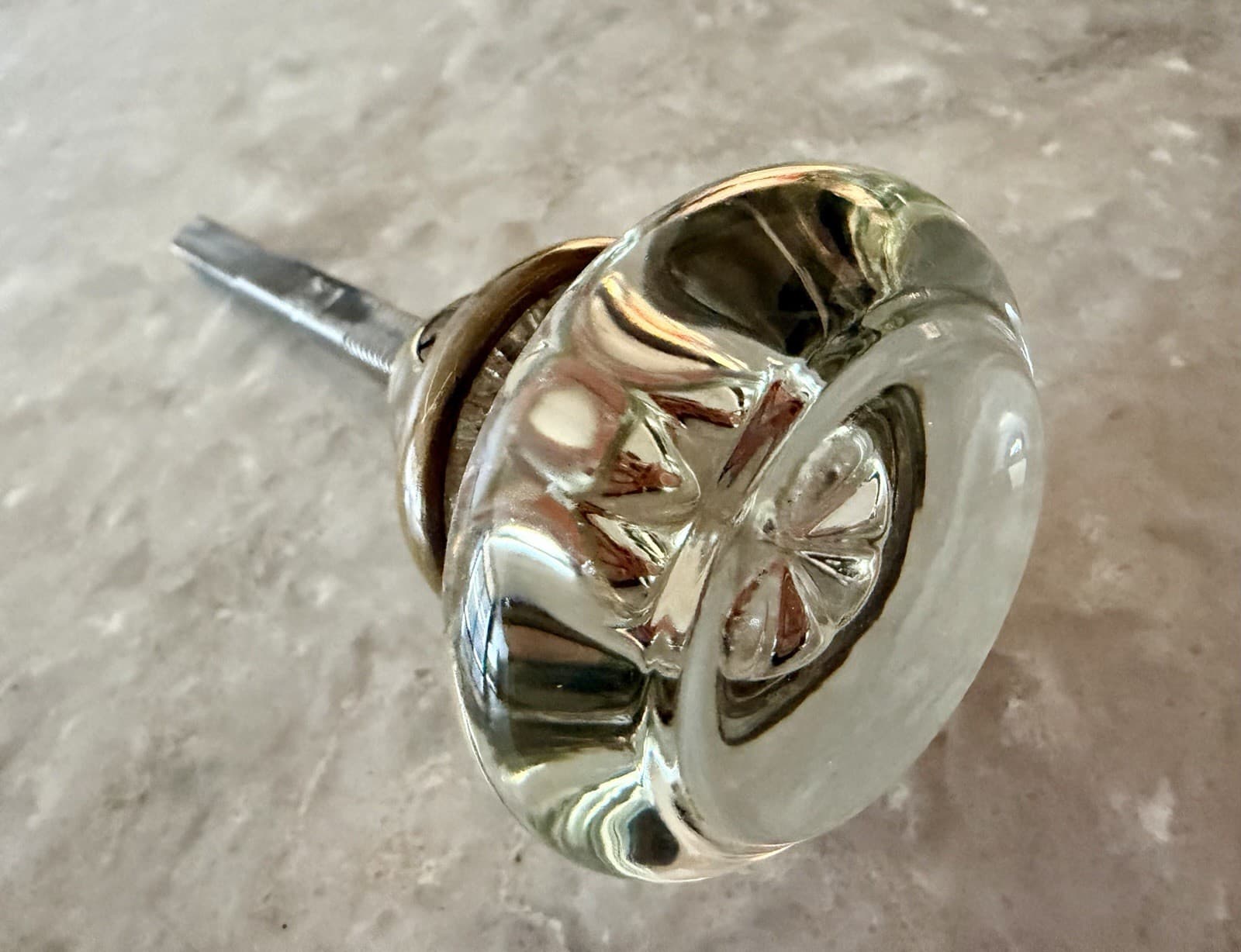Antique Clear Glass Door Knob w Brass Collar & Threaded Spindle - Thumbnail 7