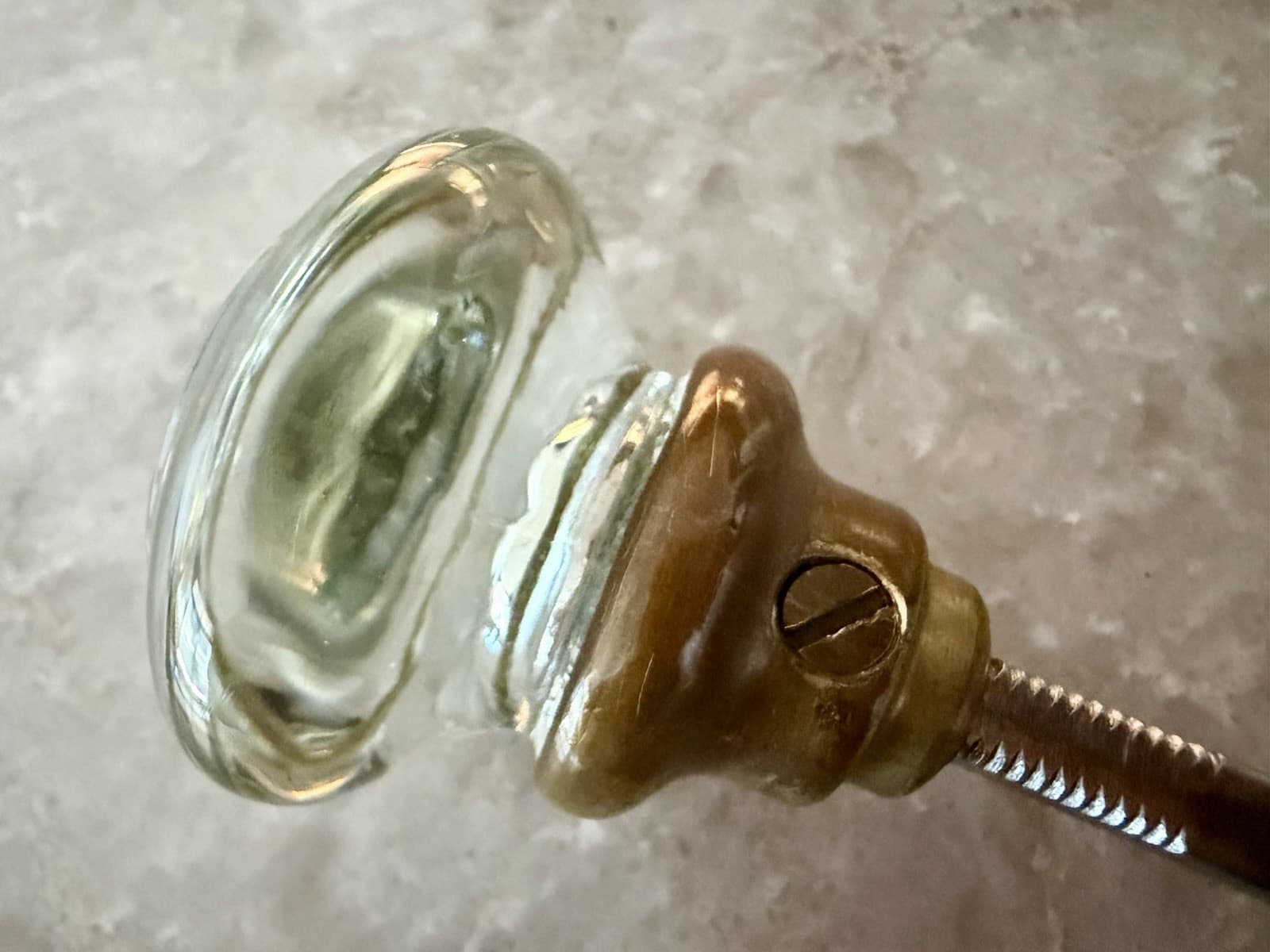 Antique Clear Glass Door Knob w Brass Collar & Threaded Spindle - Thumbnail 6