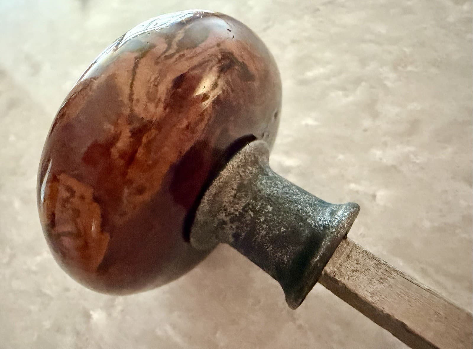 Antique Bennington Brown Swirl Porcelain Door Knob Fixed Spindle Victorian - Thumbnail 6