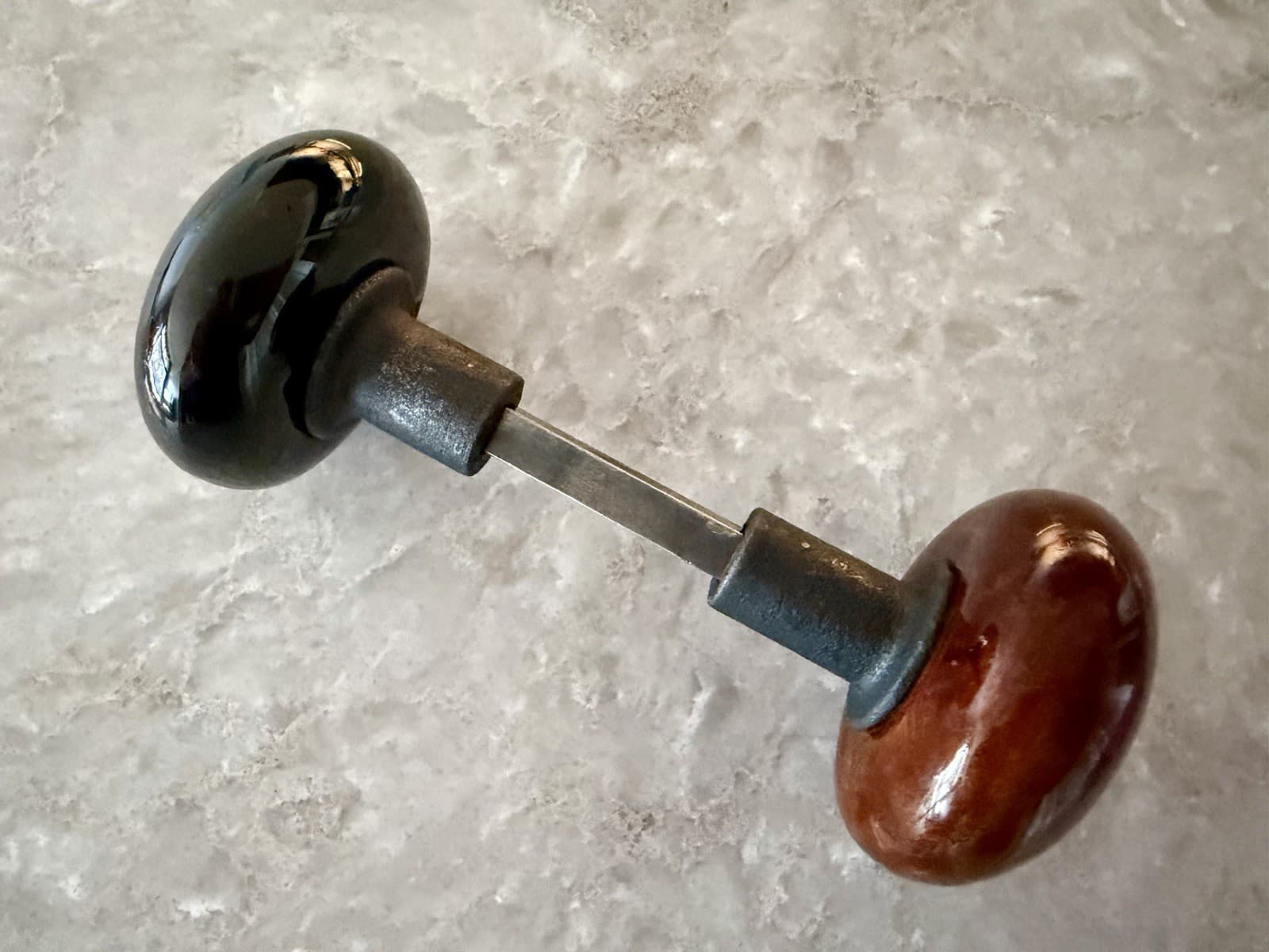 Antique Porcelain Door Knob Set Black & Brown Marbleized w Spindle - Thumbnail 6