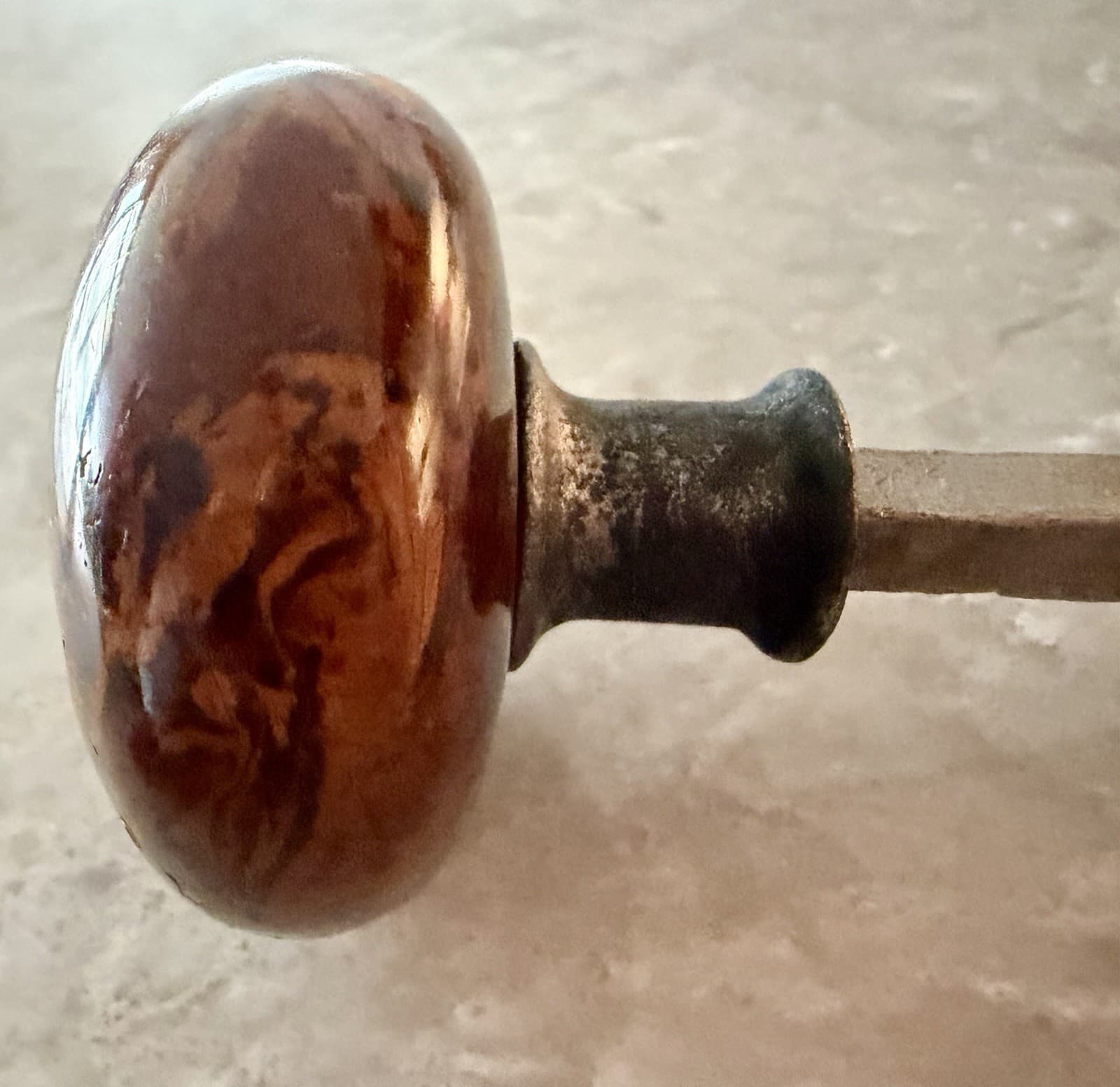 Antique Bennington Brown Swirl Porcelain Door Knob Fixed Spindle Victorian - Thumbnail 5