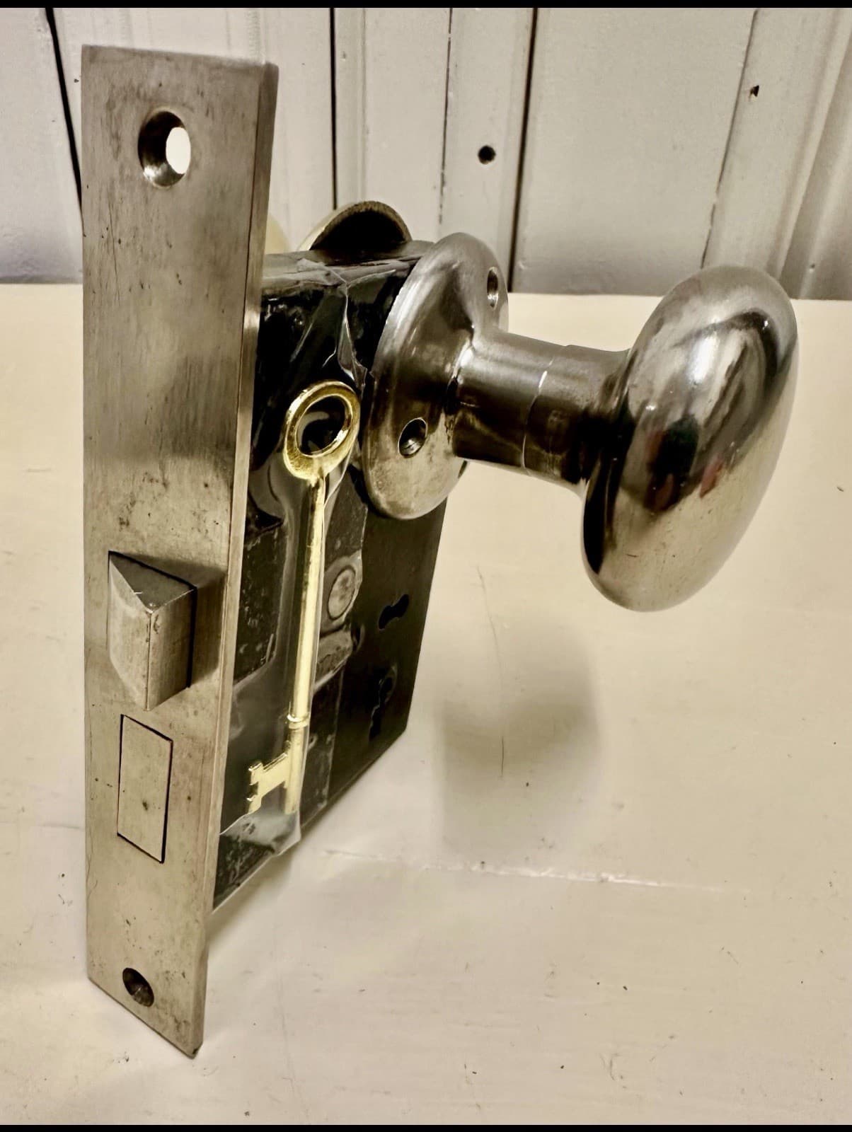 Vintage Brass Door Knob Set with Rosettes, Mortise Lock, and Key - Thumbnail 2