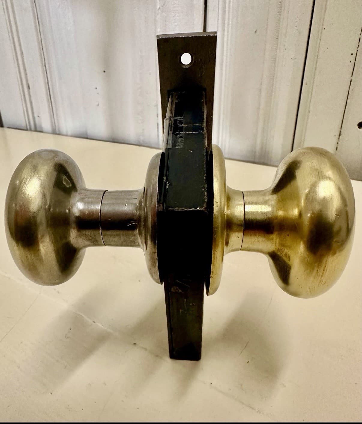 Vintage Brass Door Knob Set with Rosettes, Mortise Lock, and Key - Thumbnail 3