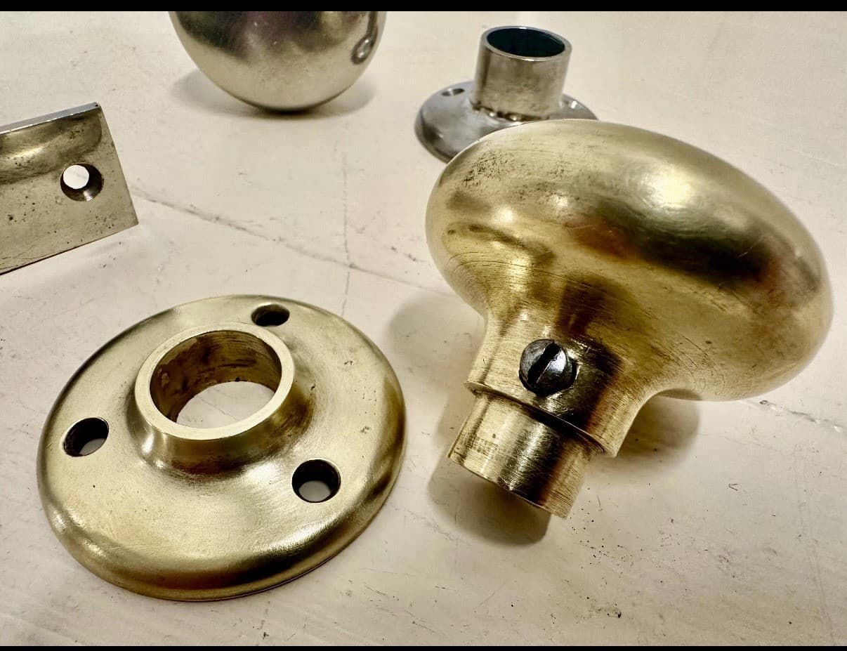 Vintage Brass Door Knob Set with Rosettes, Mortise Lock, and Key - Thumbnail 6