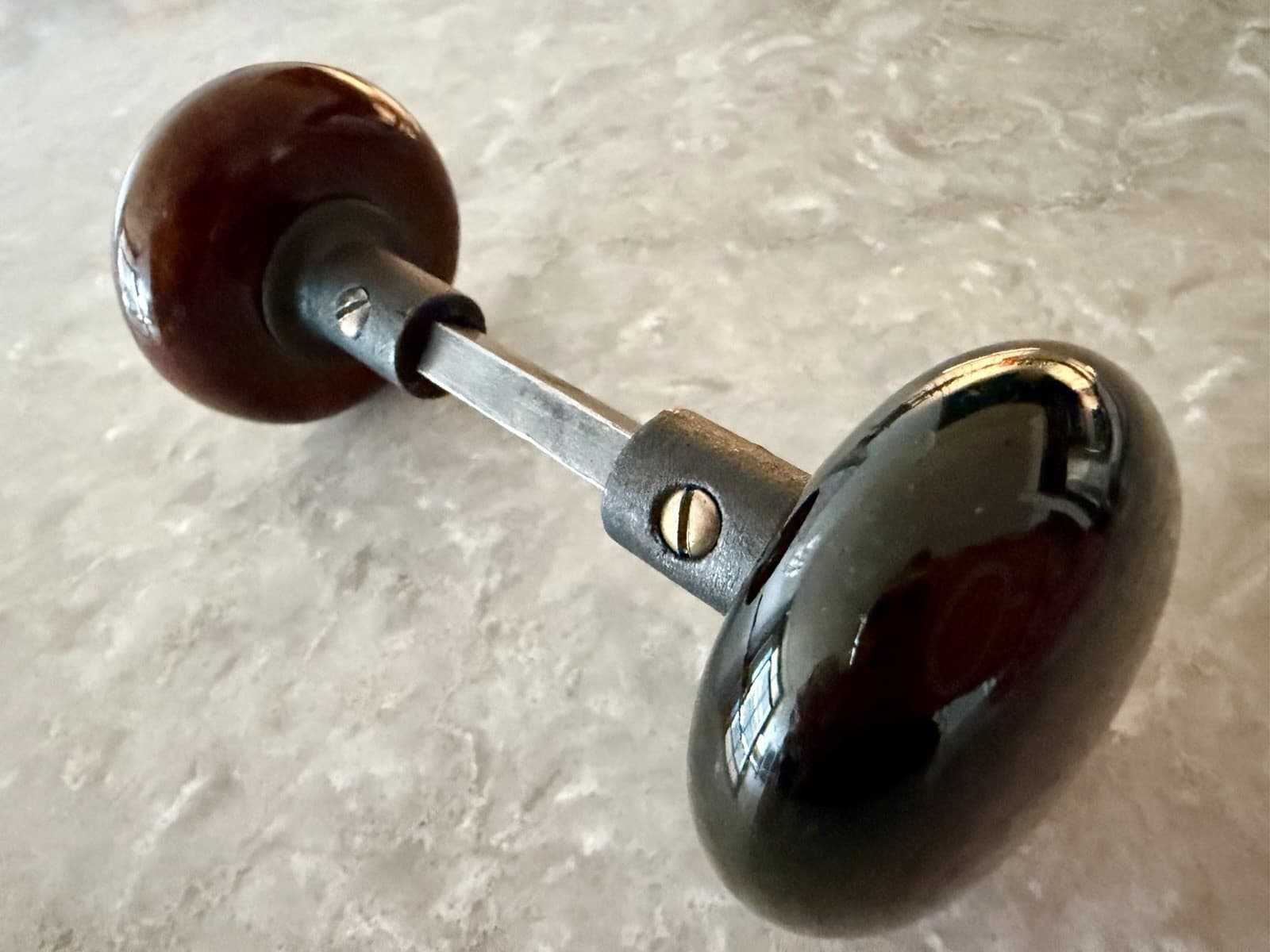 Antique Porcelain Door Knob Set Black & Brown Marbleized w Spindle - Thumbnail 9