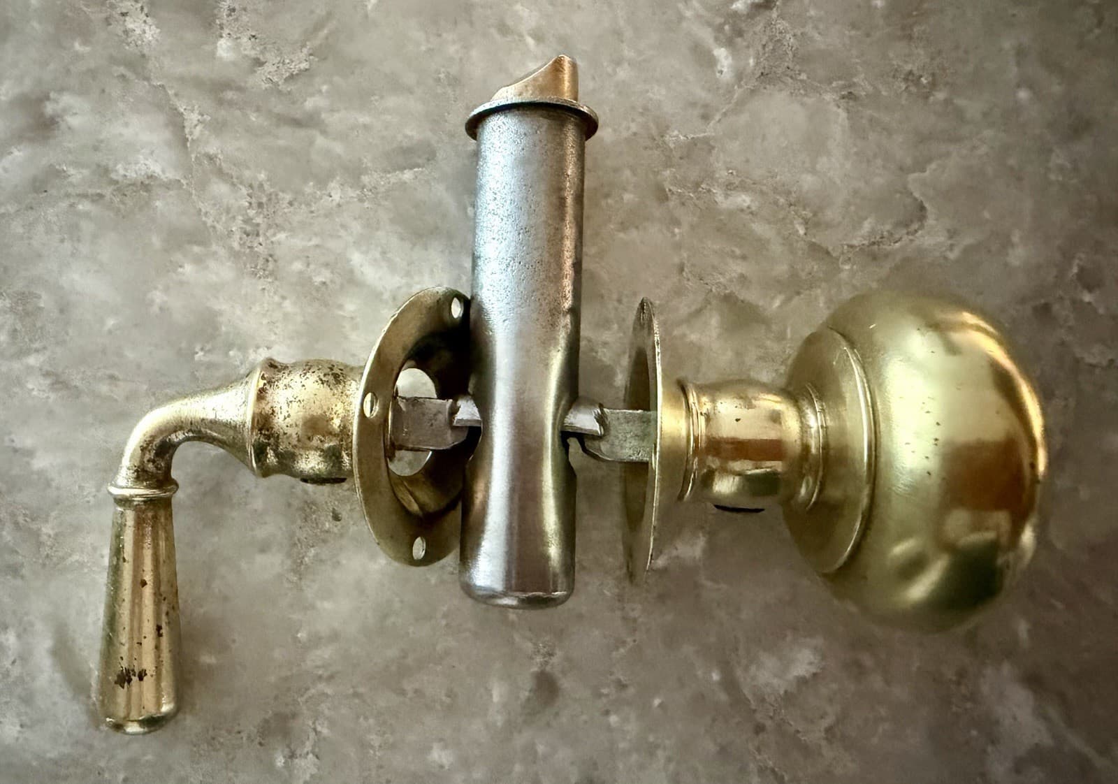 Vintage Polished Brass Door Knob Lever Set Rosettes Latch Strike Plate - Thumbnail 10