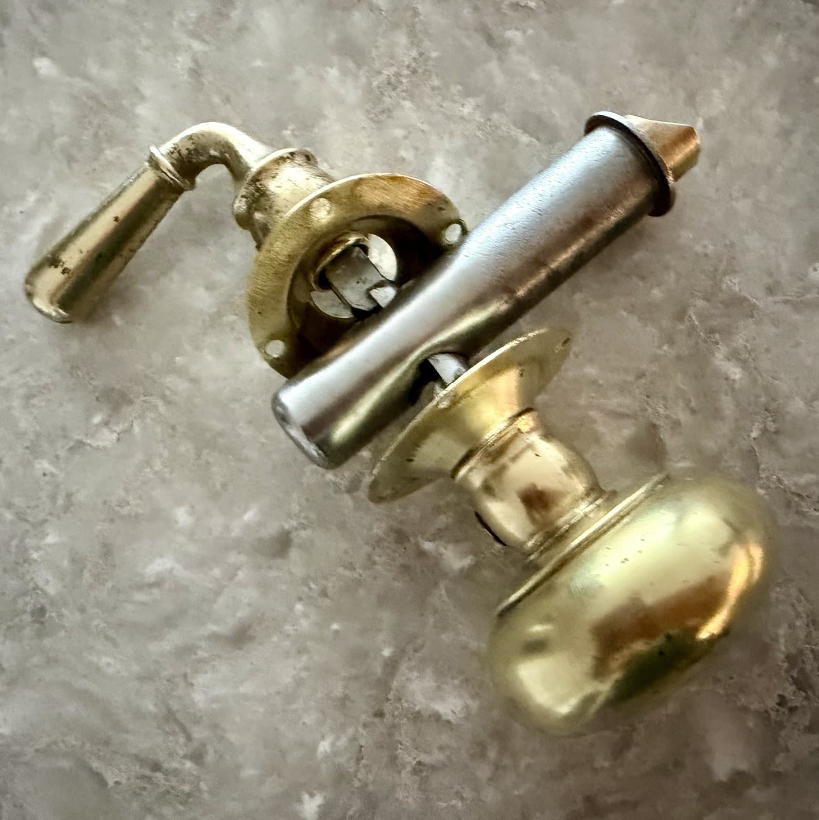 Vintage Polished Brass Door Knob Lever Set Rosettes Latch Strike Plate - Thumbnail 8