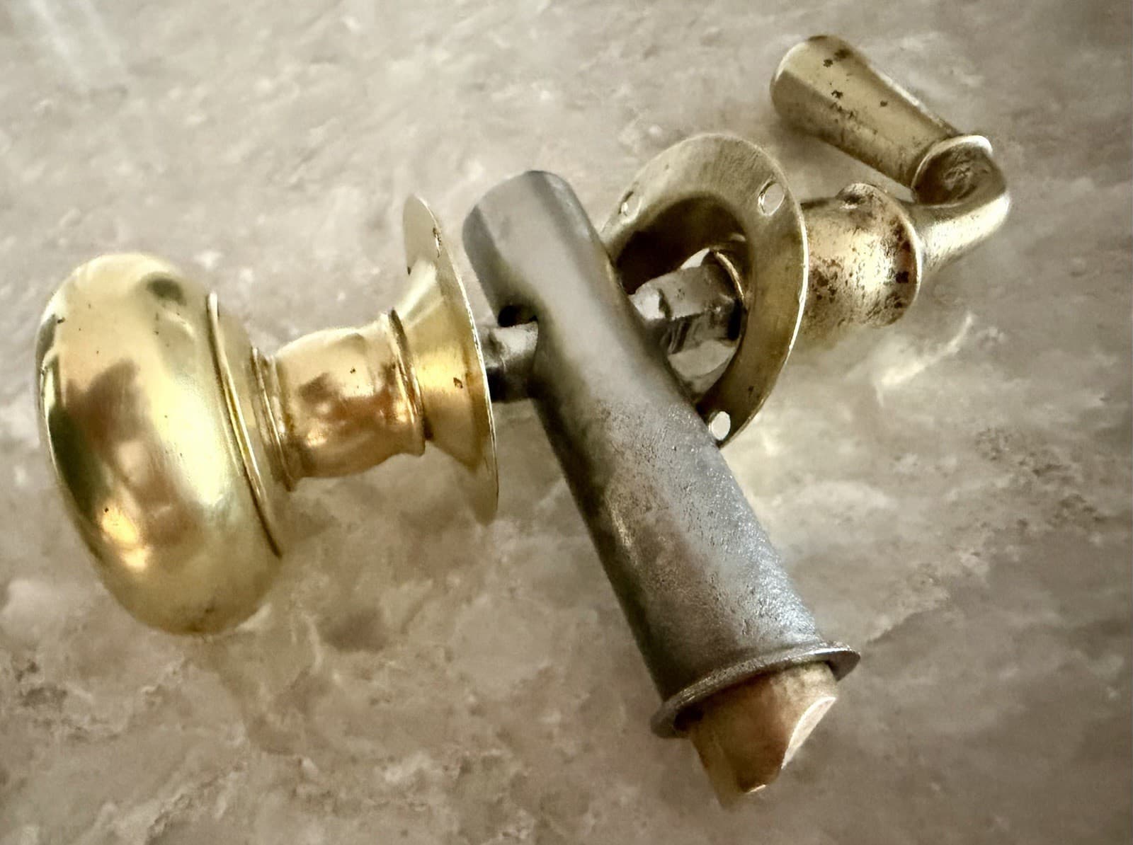 Vintage Polished Brass Door Knob Lever Set Rosettes Latch Strike Plate - Thumbnail 9