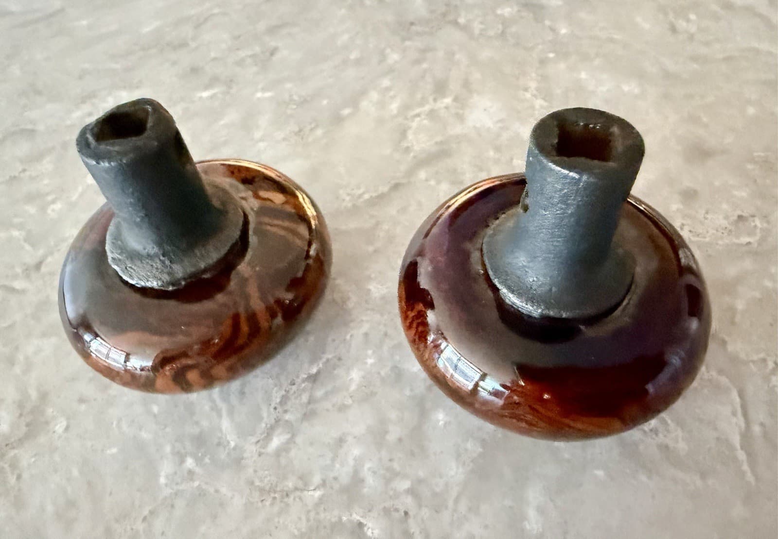 Antique Bennington Rockingham Pottery Door Knob Set Brown Marbled Glaze - Thumbnail 7