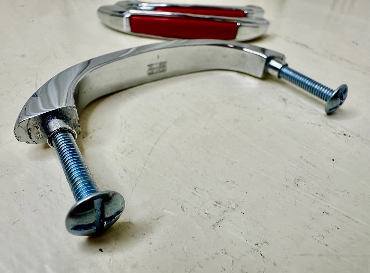 Set of 3 Vintage 1950’s Stanley Arch Cabinet Pulls – Chrome w/ Red Inserts - Thumbnail 5