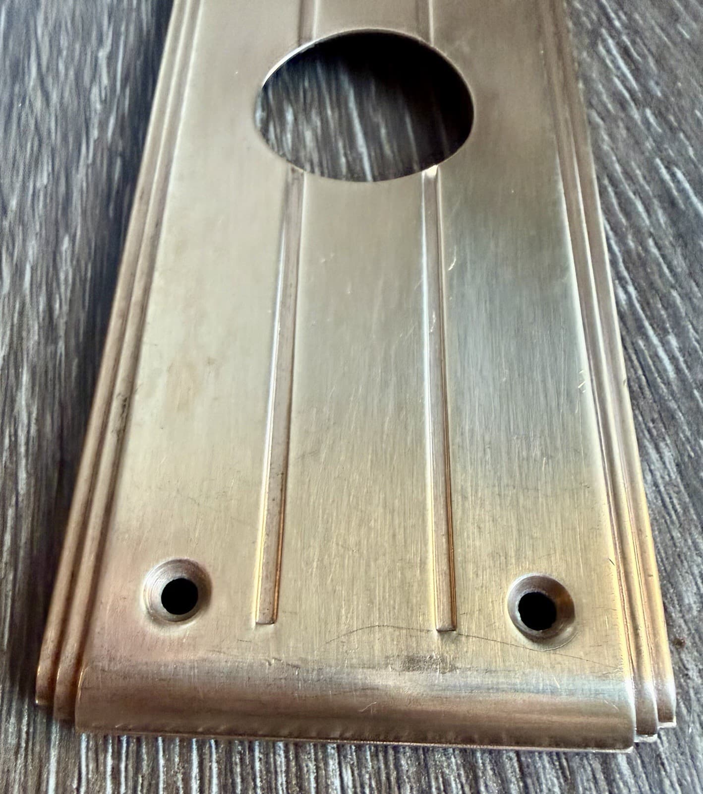 Antique Art Deco Stamped Brass Door Back Plate Escutcheon 9” x 2-1/2” 3” CT - Thumbnail 5