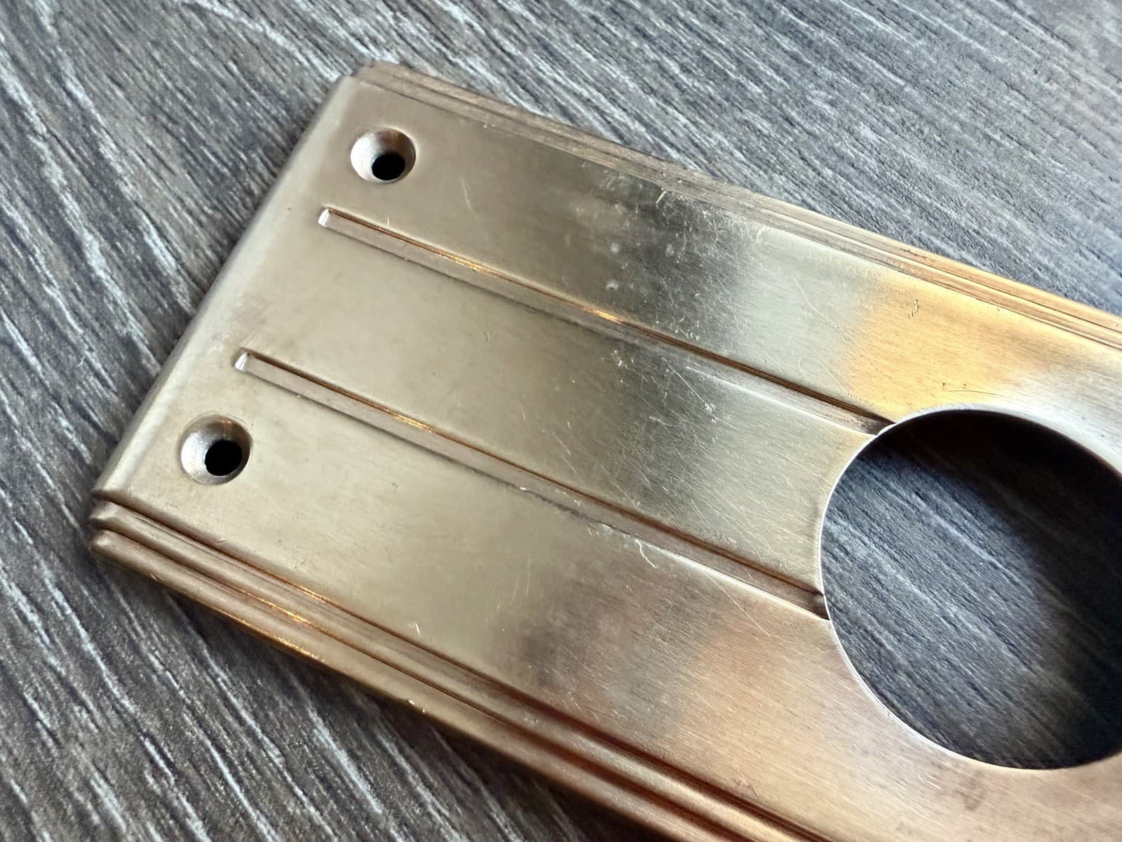 Antique Art Deco Stamped Brass Door Back Plate Escutcheon 9” x 2-1/2” 3” CT - Thumbnail 4