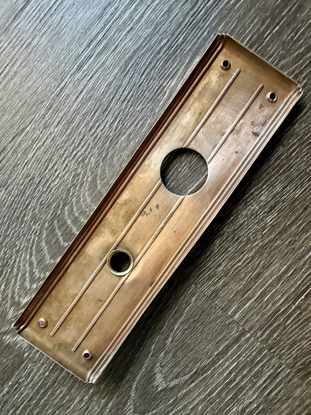 Antique Art Deco Stamped Brass Door Back Plate Escutcheon 9” x 2-1/2” 3” CT - Thumbnail 6