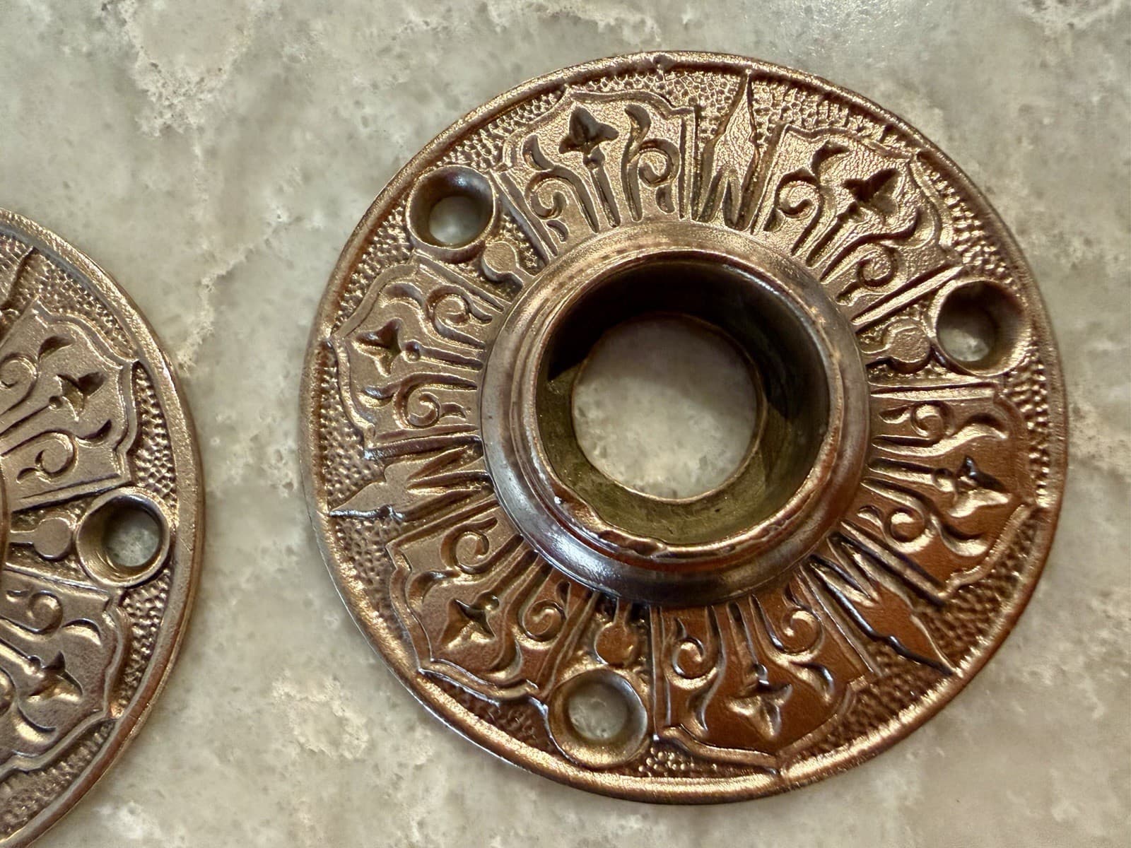 Unmarked Antique Victorian Eastlake Cast Brass Door Knob Rosettes Pair 2¼” - Thumbnail 2