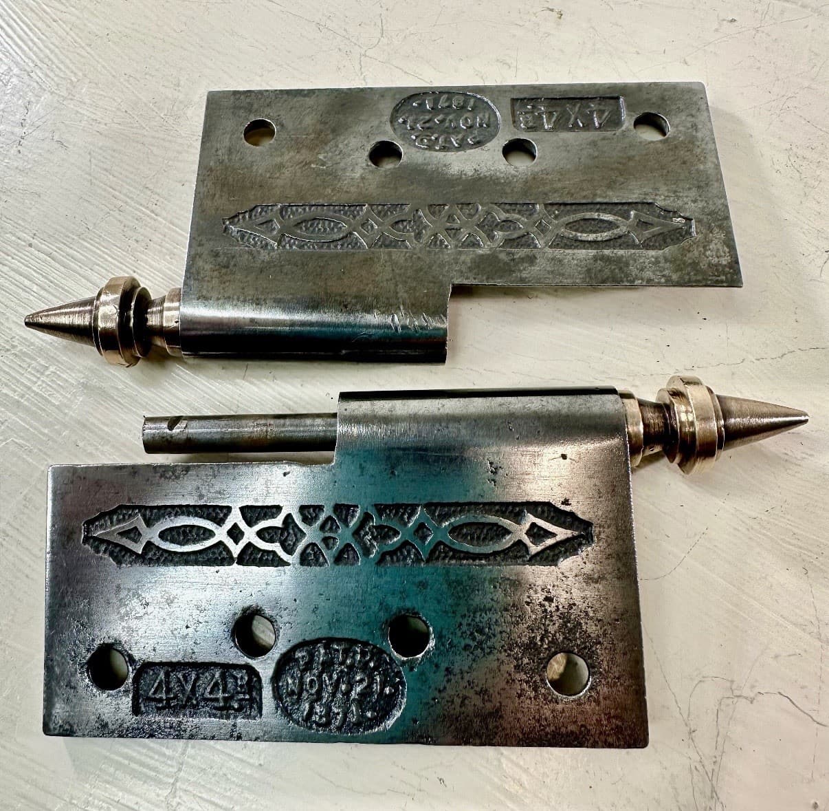 Vintage Eastlake Style Lift-Off Door Hinge w/ Brass Steeple Finials – 4” x 4.5” - Thumbnail 9