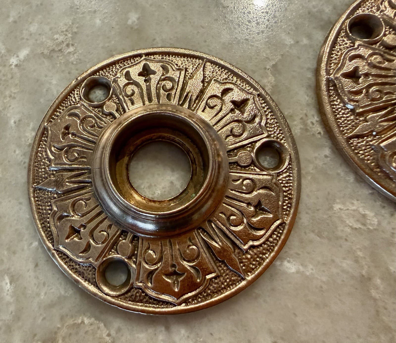 Unmarked Antique Victorian Eastlake Cast Brass Door Knob Rosettes Pair 2¼”