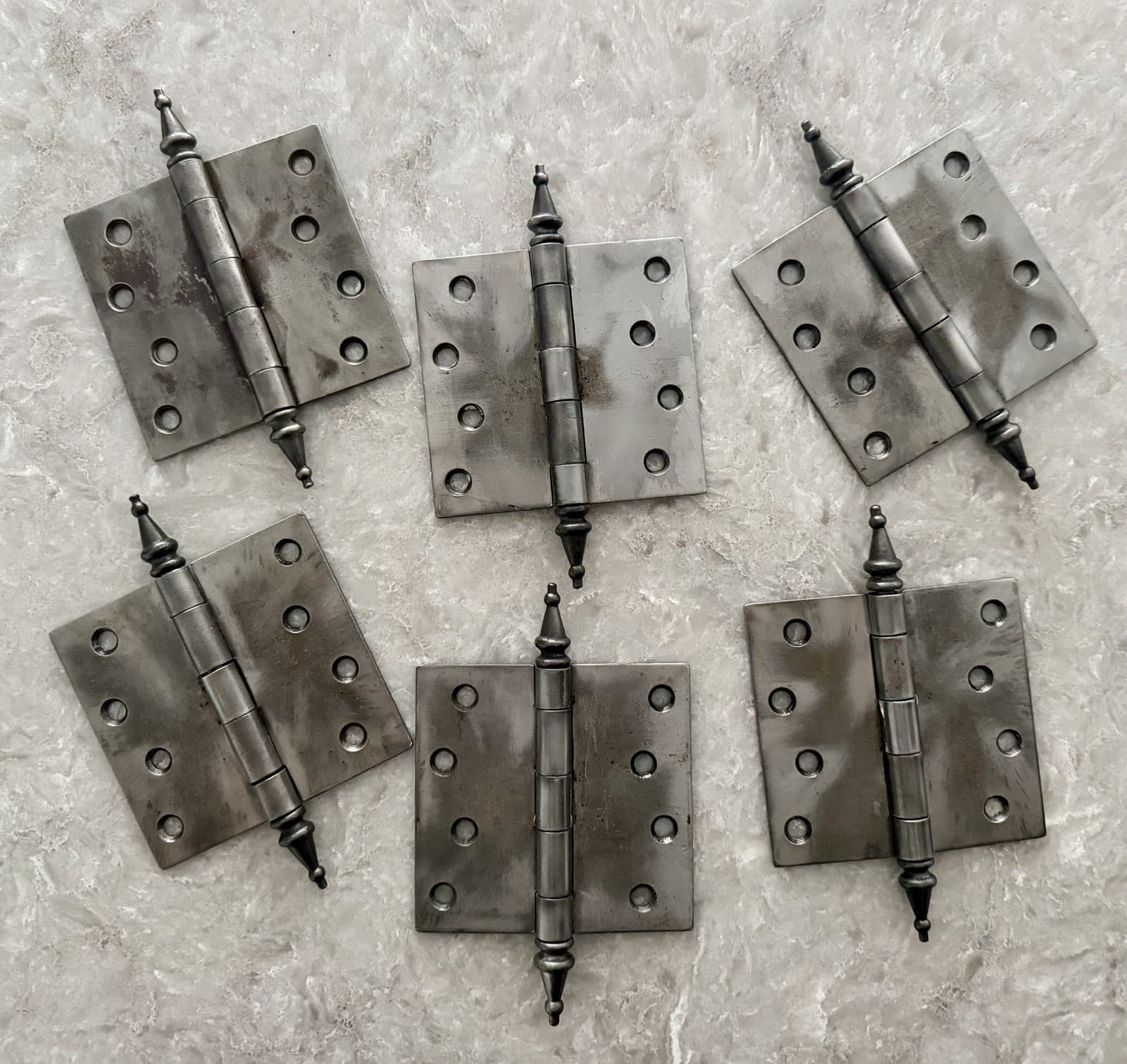 Set of 6 Antique 4” x 4” Cast Iron Steeple Tip Door Hinges