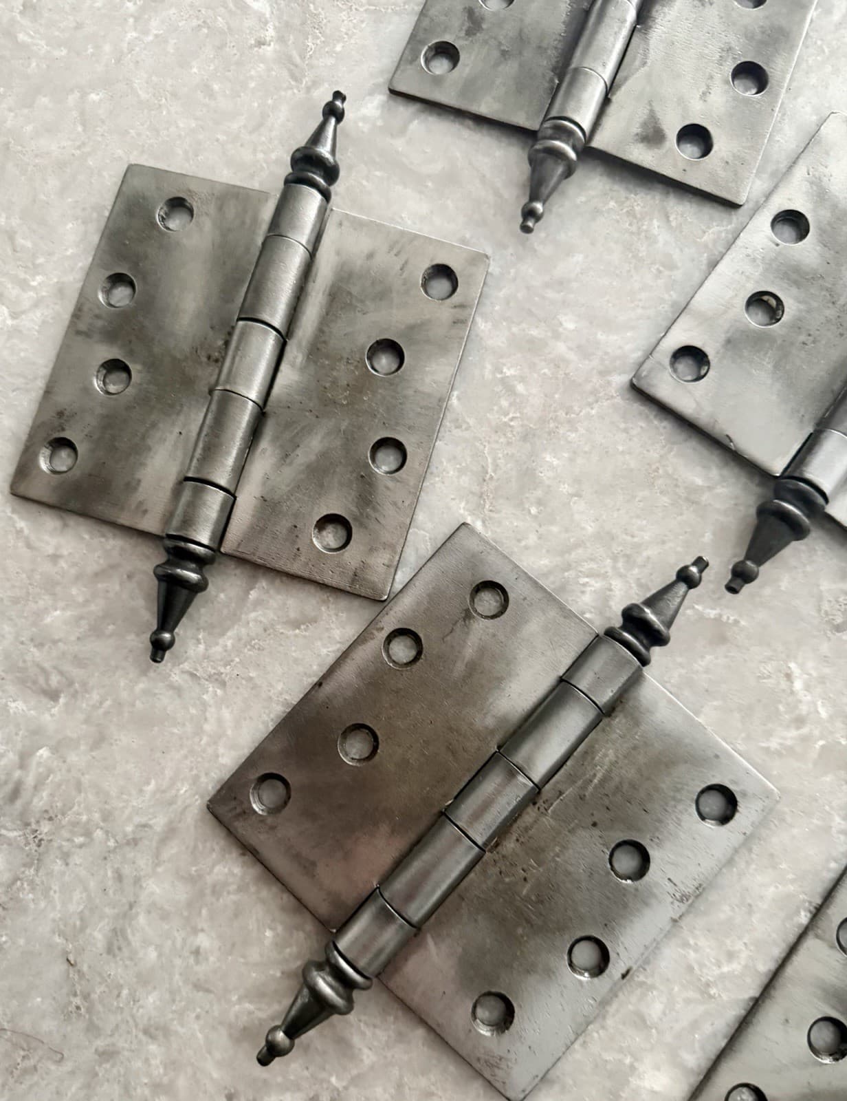 Set of 6 Antique 4” x 4” Cast Iron Steeple Tip Door Hinges - Thumbnail 3