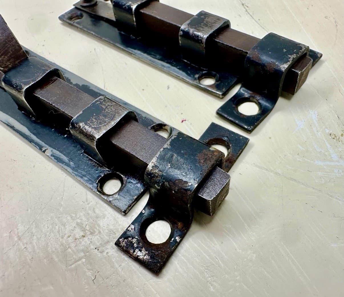Vintage Steel Slide Bolt Latch Set of 2 Surface Mount Barrel Bolts - Thumbnail 2