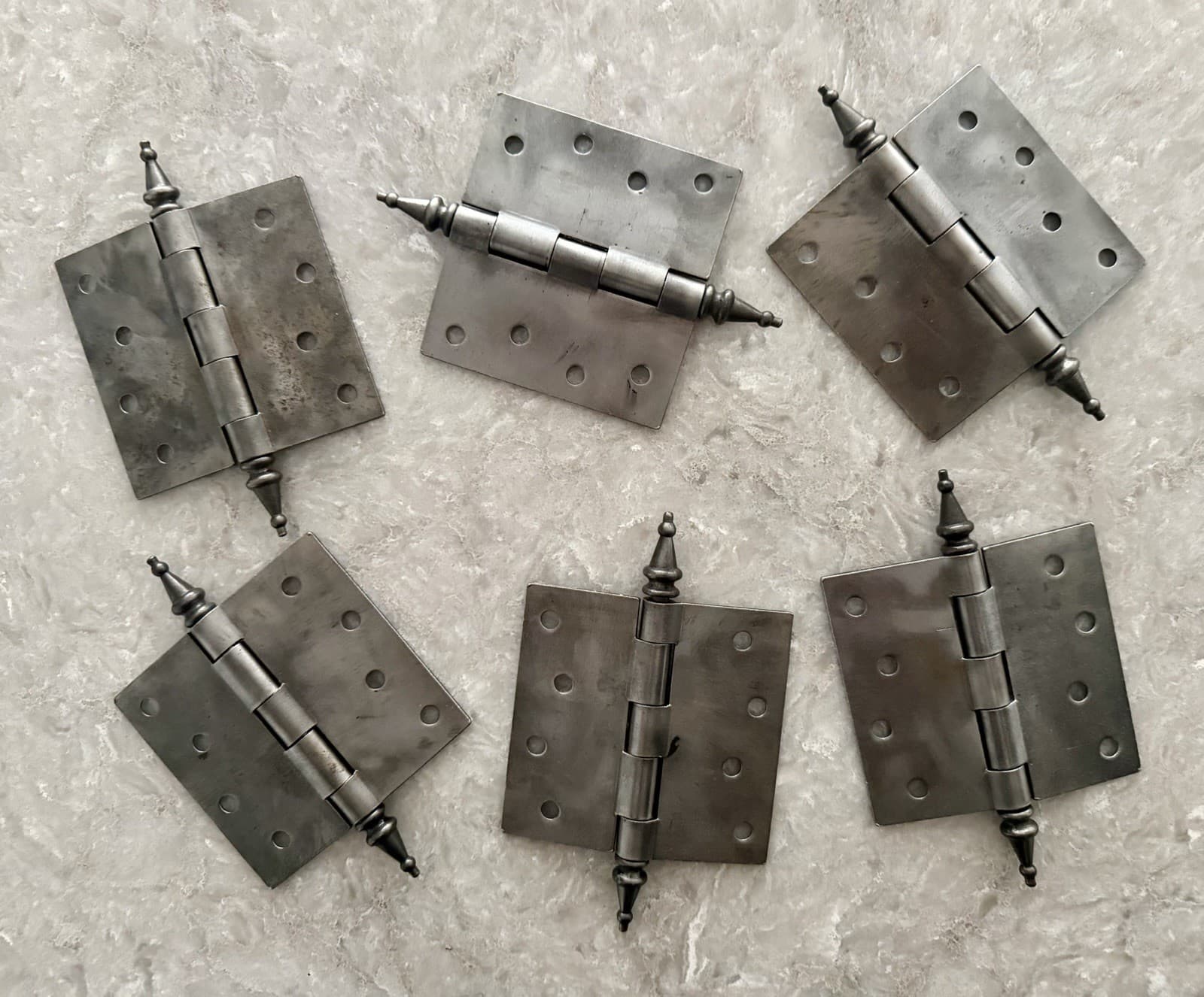 Set of 6 Antique 4” x 4” Cast Iron Steeple Tip Door Hinges - Thumbnail 8