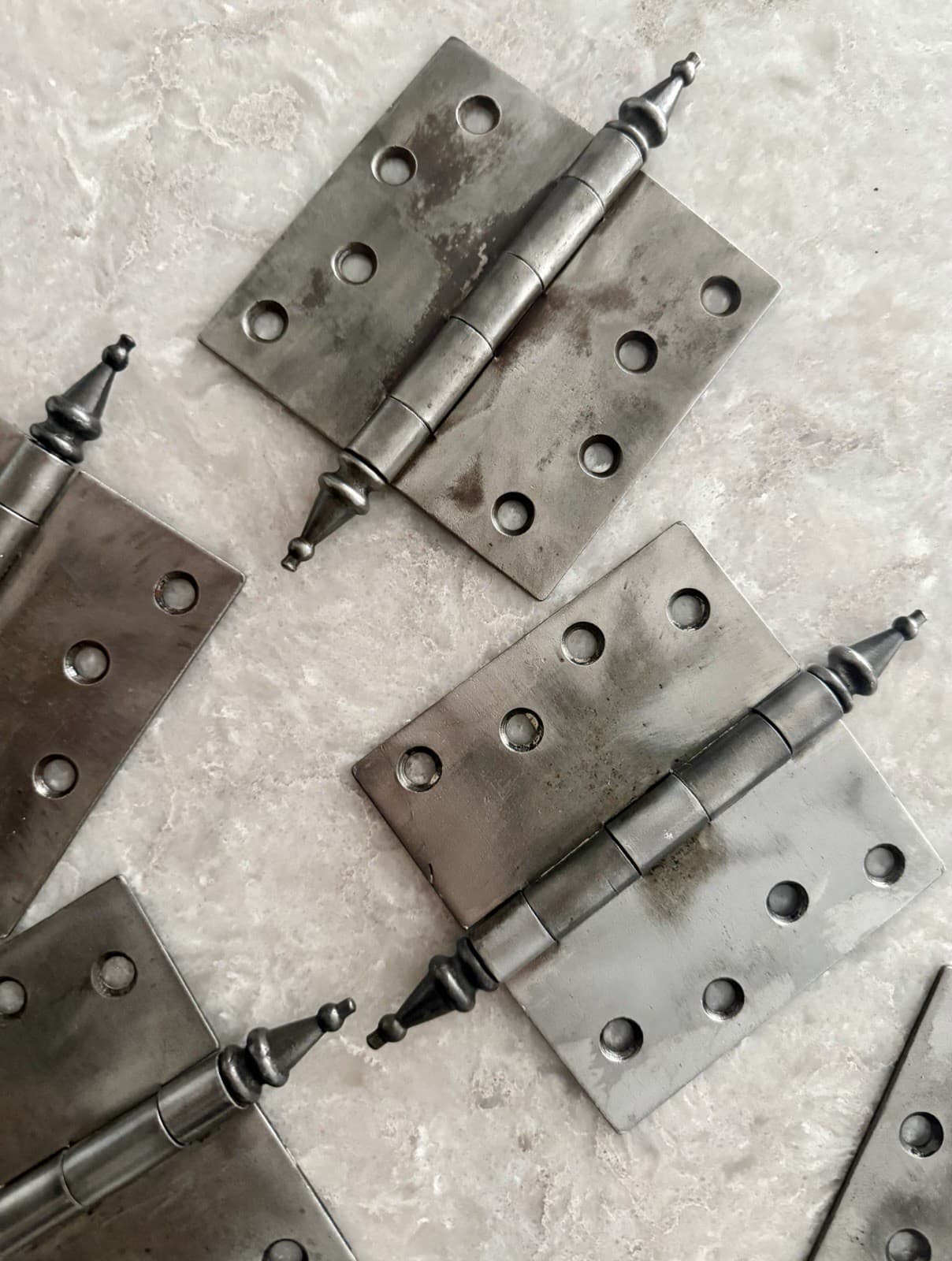 Set of 6 Antique 4” x 4” Cast Iron Steeple Tip Door Hinges - Thumbnail 2