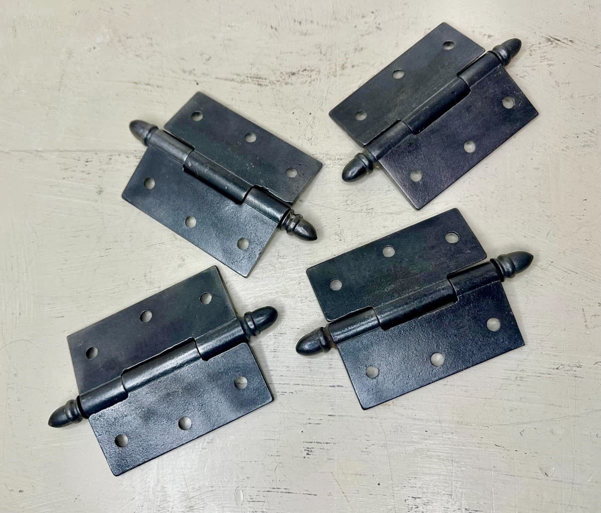 Vintage Cast Iron Door Hinges Set of 4 – 3" x 3.5" – Acorn Tip Finials - Thumbnail 4