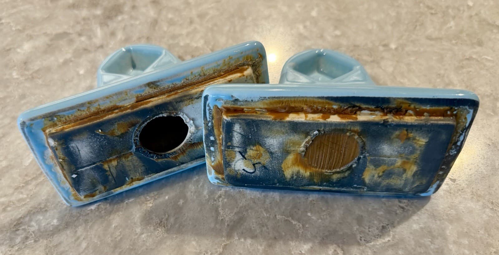 Vintage MCM Robin Egg Blue Ceramic Towel Bar Brackets Pair - Thumbnail 11