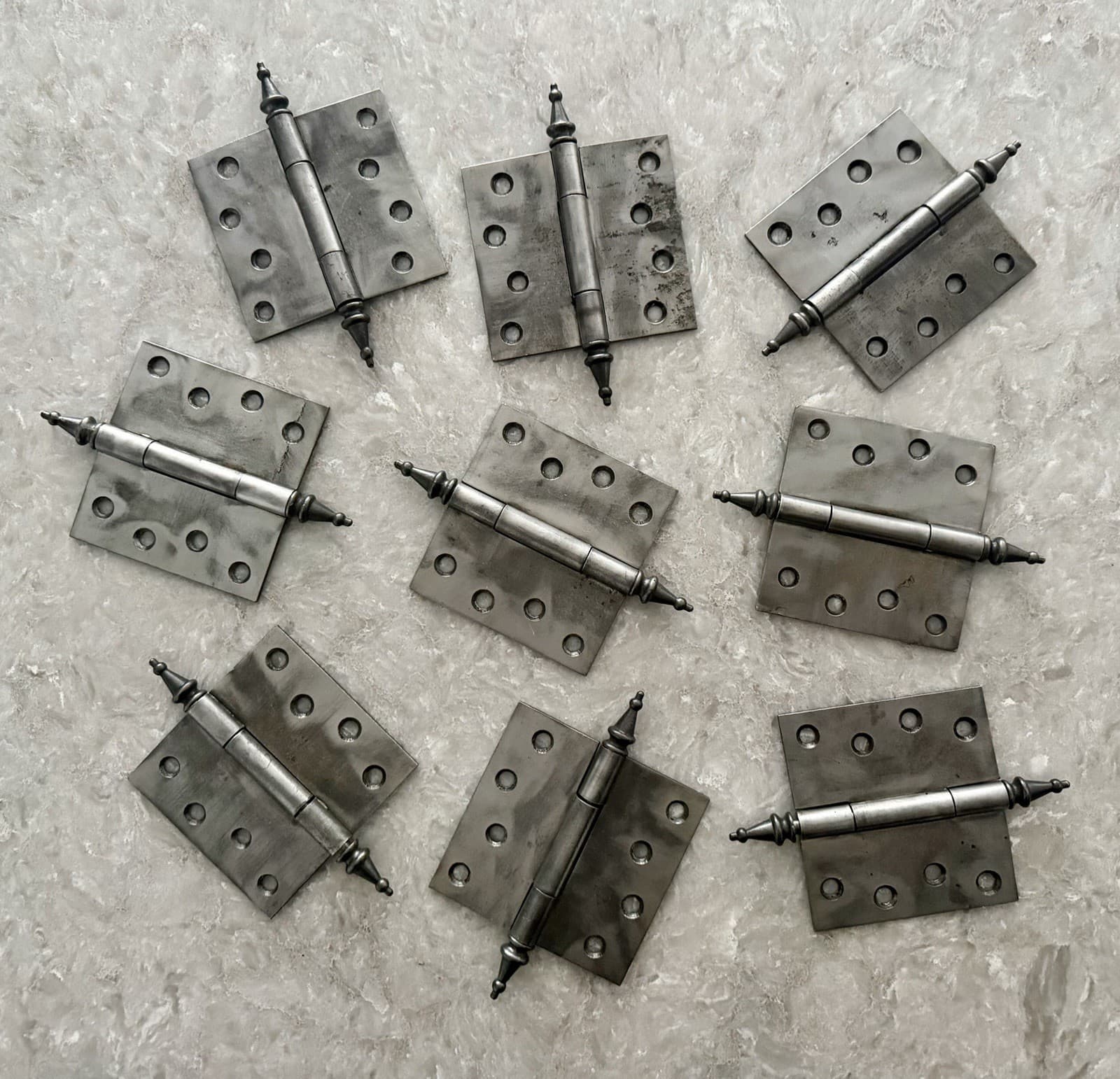 Set of 9 Antique Victorian 4” Cast Iron Steeple Tip Door Hinges