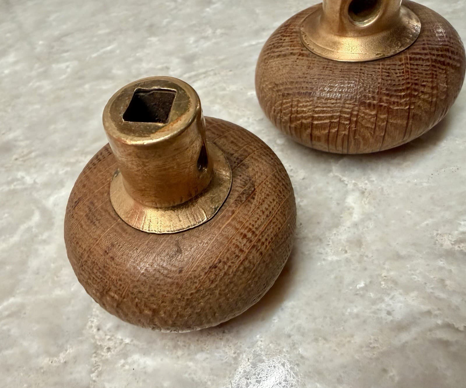 Vintage Oak Wood Door Knob Set Brass Collars 2-1/4” Round w/ 4” Spindle - Thumbnail 10