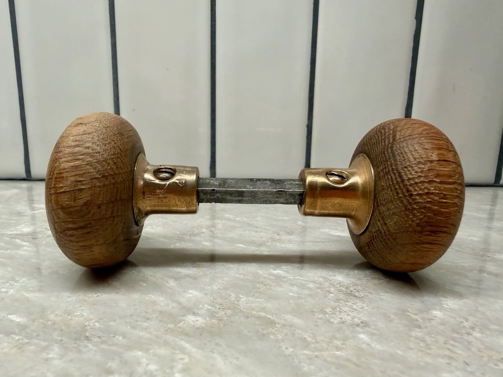 Vintage Oak Wood Door Knob Set Brass Collars 2-1/4” Round w/ 4” Spindle